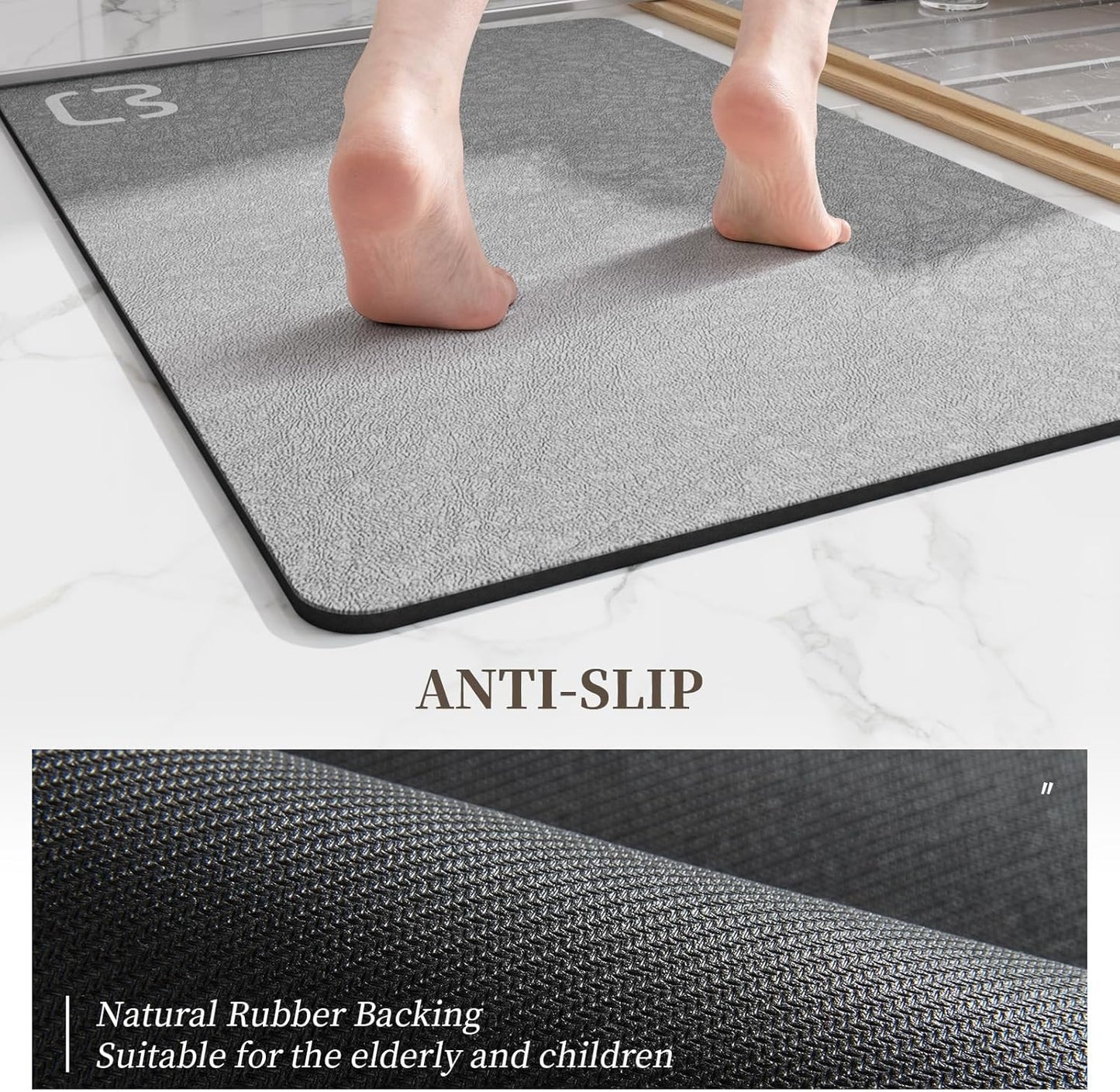 Bath Mat Rugs Quick Dry Super Absorbent Diatomaceous Earth Bath Mat Non Slip Rubber Bottom Thin Bathroom Mat Fit Under Door, Floor Rugs in Front of Bathtub,Shower Room,Sink, 17 x 32, Grey