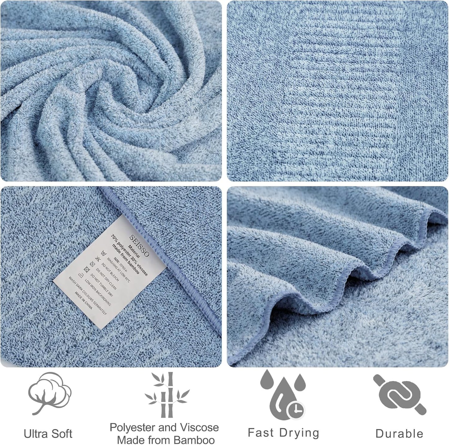SEISSO Large Bath Towels Set of 4-35 x 63 Inches Super Absorbent & Lightweight Quick Drying Bamboo Viscose Towels, Oversized Bath Towel for Beach, Travel, Gym, Sauna, Camp, Pool - Light Blue