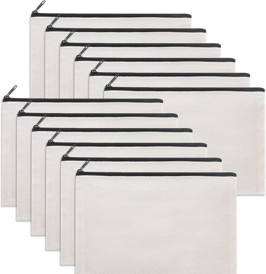 12 Pieces White Cotton Canvas Makeup Bag, Multipurpose Cosmetic Bag with Zipper Travel Toiletry Pouch, Blank DIY Craft Bag (White, M)