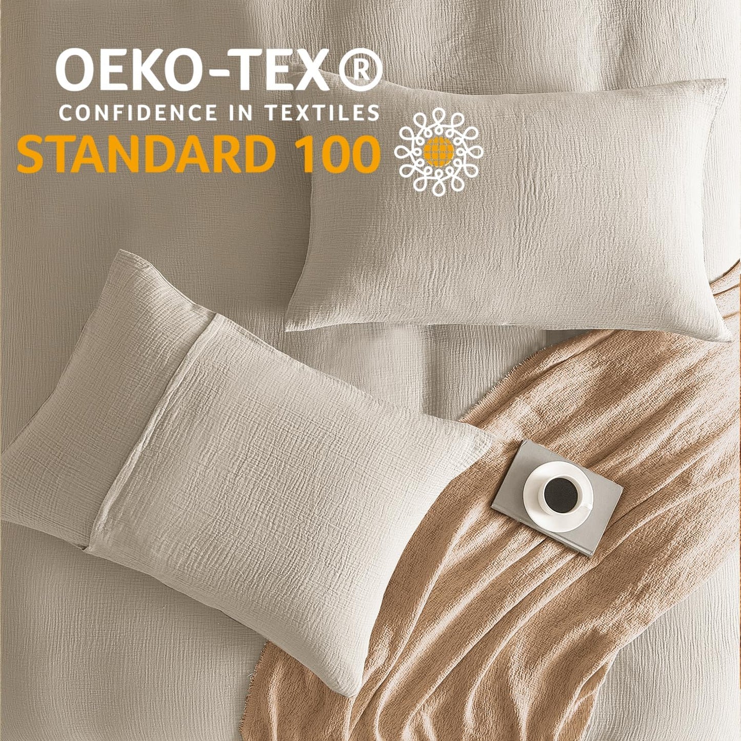 SE SOFTEXLY Muslin Pillowcases Standard Size 100% Cotton, 2 Pack Linen Like Pillow Shams with Envelope Closure, Ultral Soft and Breathable Pillow Case Covers, Beige, 20" X 26", No Filling