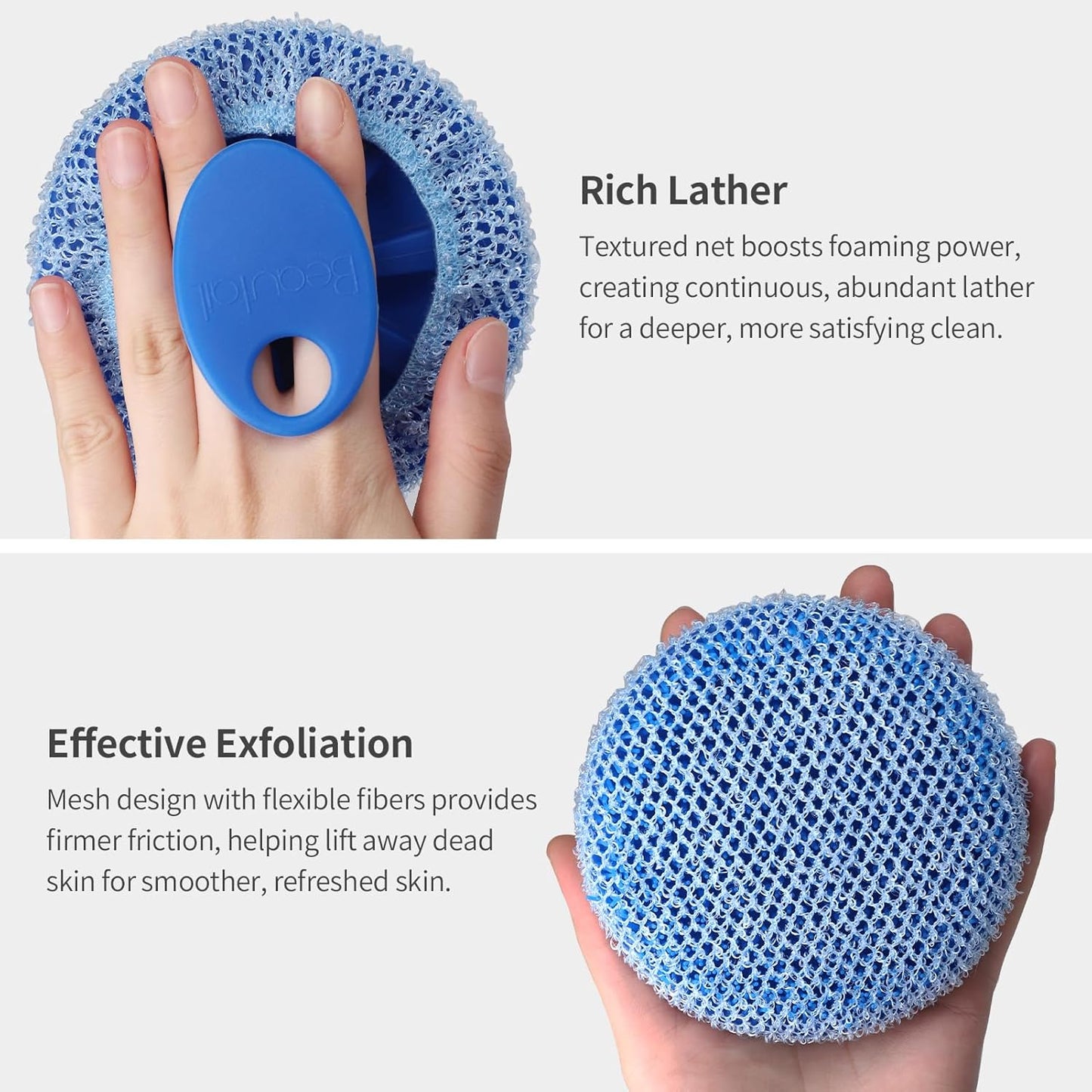 Silicone Body Scrubber & Scrub Nets, BEAUTAIL 4 Pack – Rich Foam and Exfoliation with Gentle Brush or Firmer Net Options – Hygienic, Durable, Easy to Clean – 2 Brushes (Black+Blue), 2 Nets (Gray+Blue)