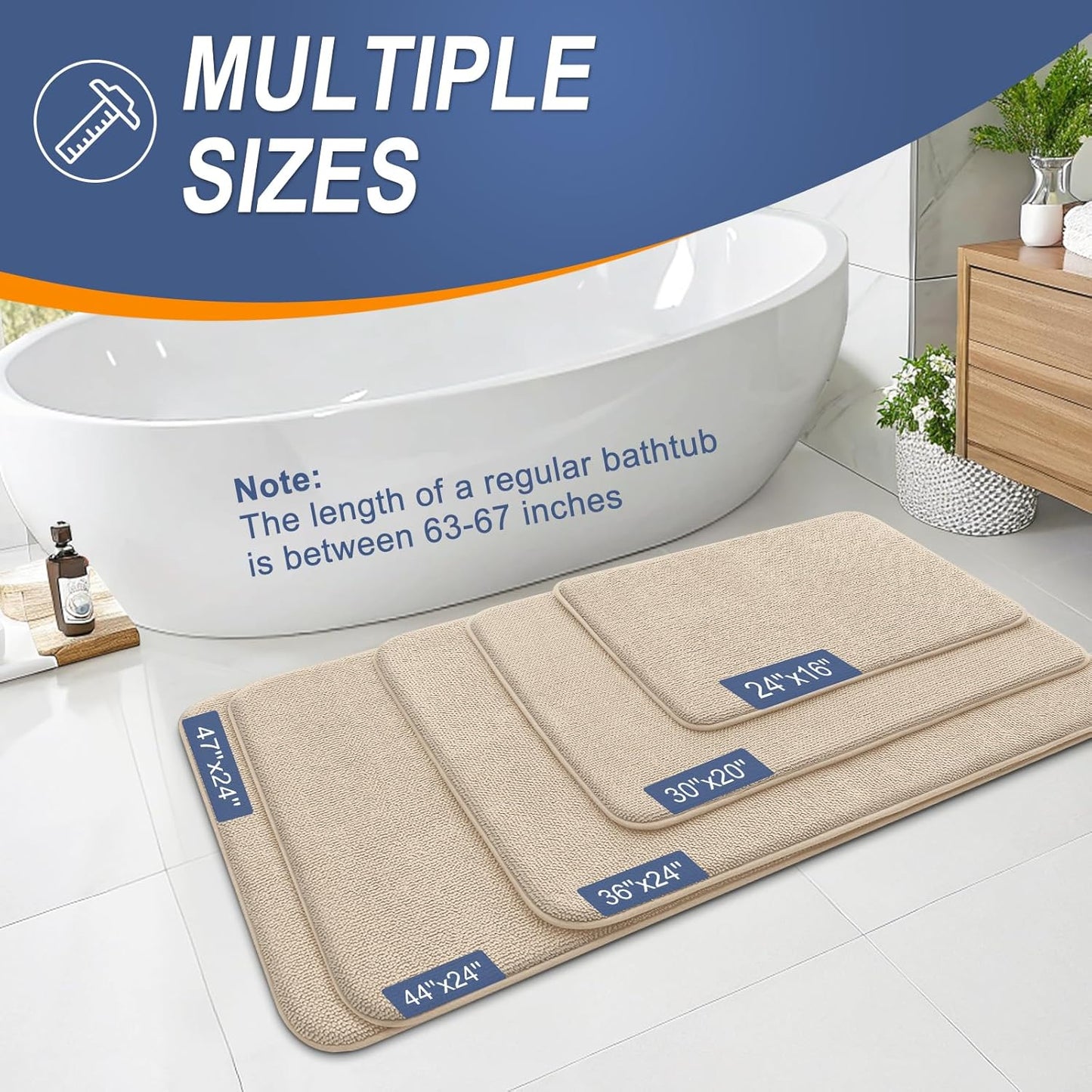 OLANLY Thick Memory Foam Bath Mat Rug 44x24, Extra Soft Absorbent Bathroom Rug, Quick Dry Bath Mats, Non-Slip, Machine Washable Carpet for Bathroom, Tub and Shower, Home Decor Accessories, Beige