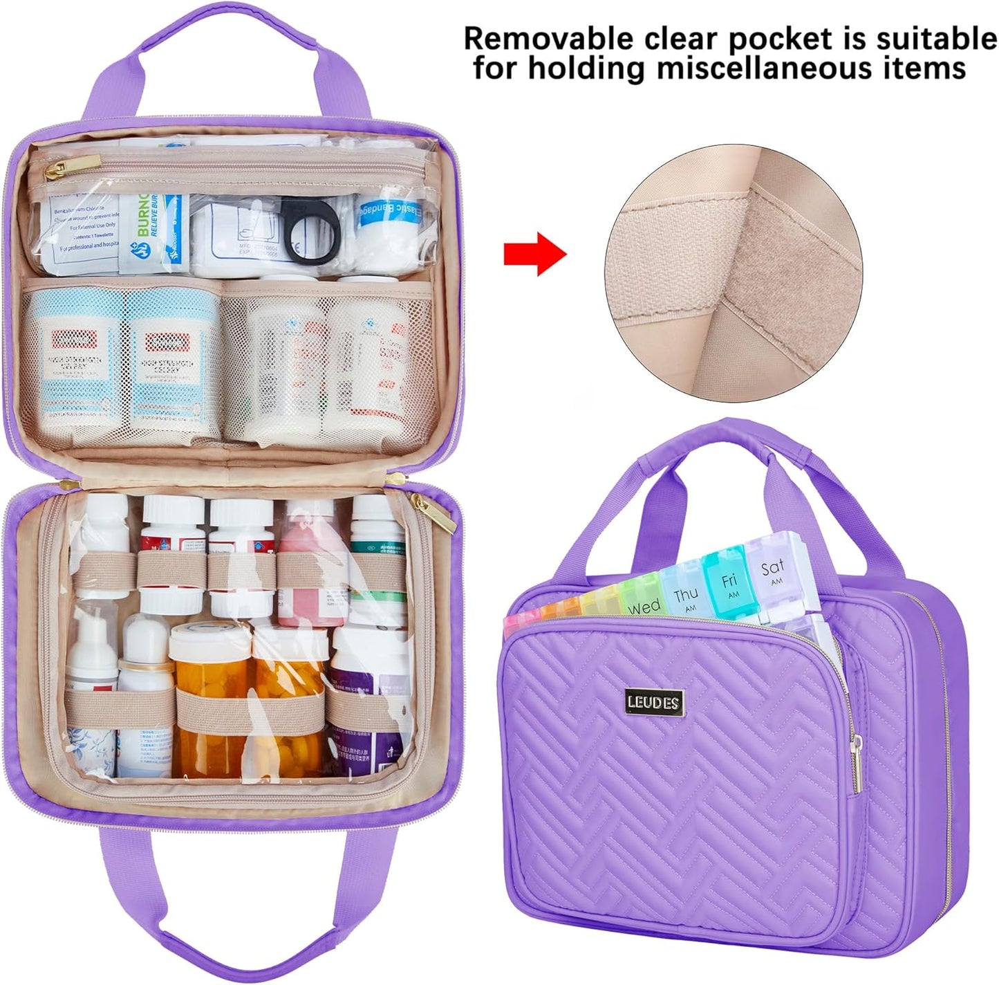 Leudes Travel Pill Bottle Organizer,Medicine Organizer and Storage,Home Medication Bag, Cases,Carrier for Pills,Vitamin,Fish Oil,Supplements for Women and Men (Medium, Purple)