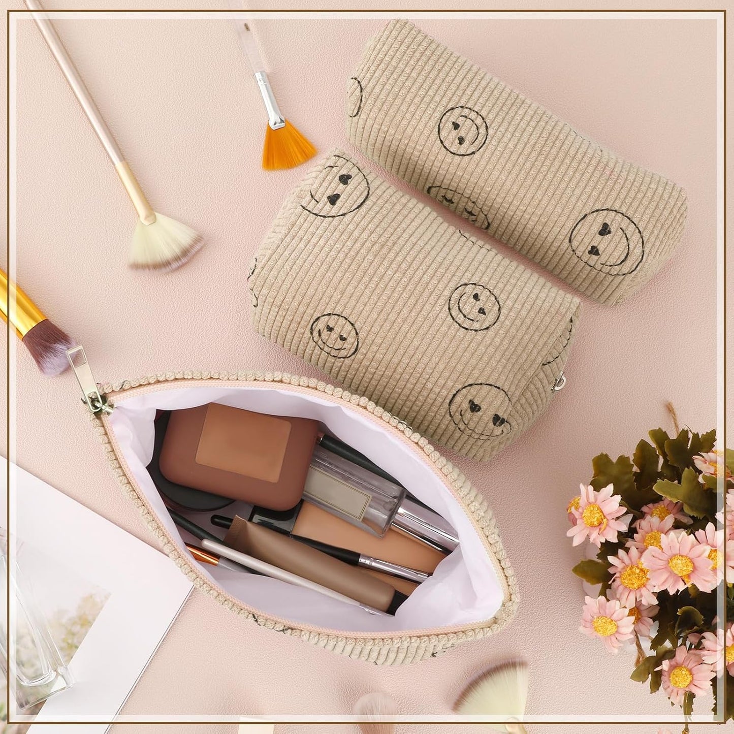 3 Pcs Makeup Bag Set for Women Corduroy Cosmetic Pouch Aesthetic Smile Travel Toiletry Bag Cute Purse Pouch Pencil Case Makeup Brushes Storage Organizer for Christmas(Khaki,Smile Face)