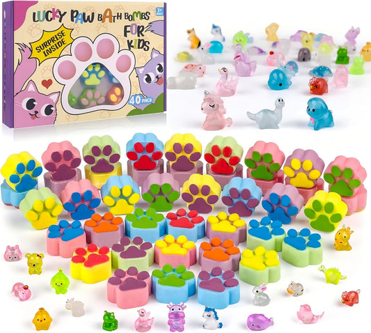 Bath Bombs for Kids With Surprise Inside, 40 Large Number Pack Paw Shape Gift Set, Natural Organic Bubble Bath Fizzy for Girls Boys With Bath Toys Inside