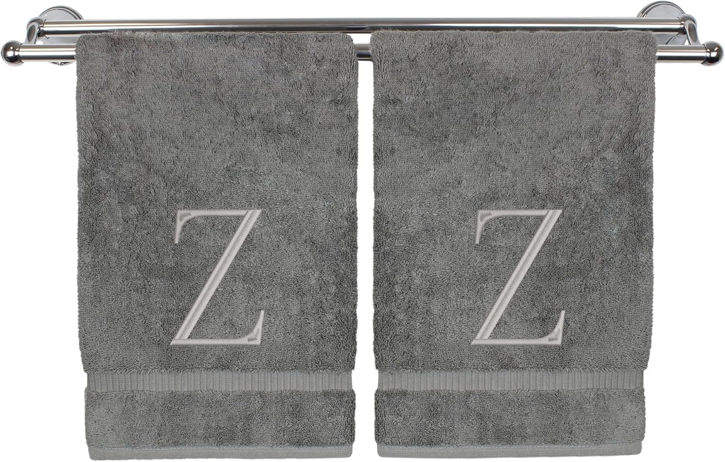 Monogrammed Hand Towel, Personalized Initial Gift, Extra Absorbent 100% Turkish Cotton - Soft Terry Finish - Set of 2 - Silver Block Initial Z - Embroidered on Grey Towels