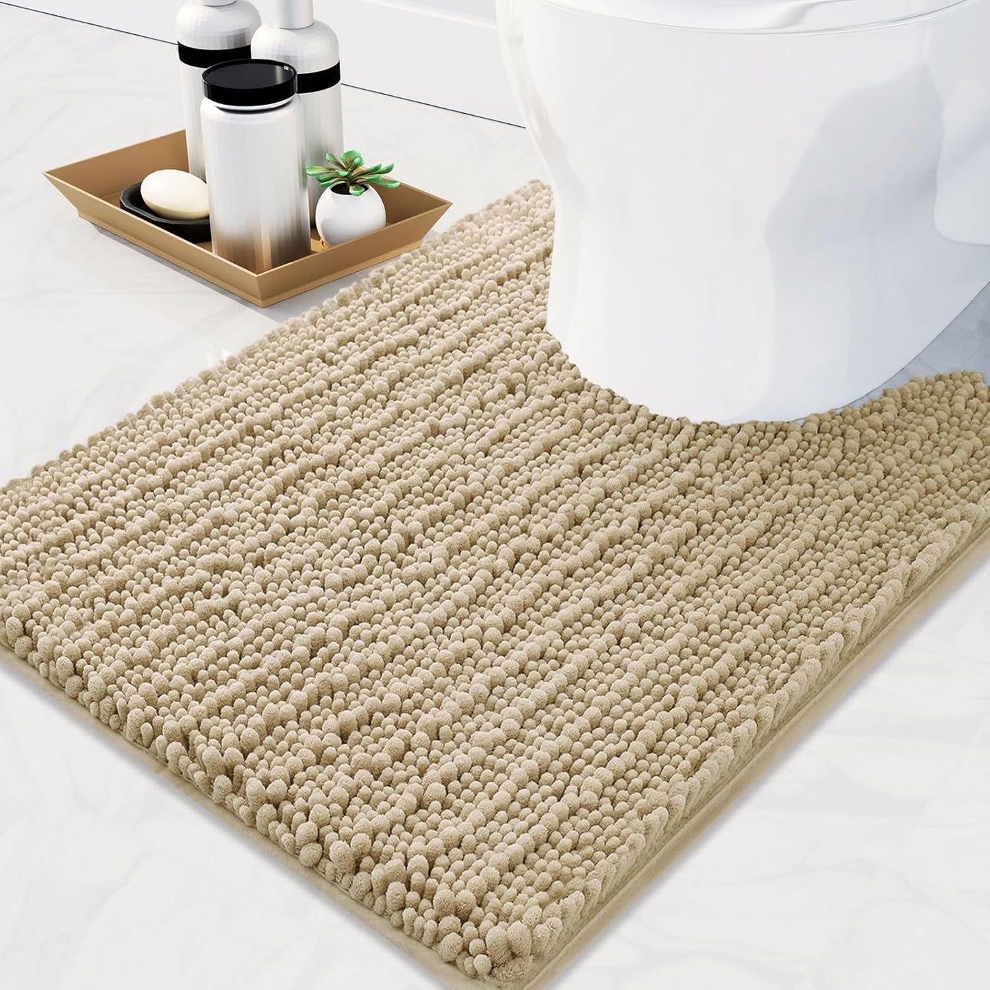 Arotive Luxury Chenille Toilet Rugs U-Shaped, Extra Soft Thick Absorbent Bathroom Mat, Non-Slip Shaggy Plush Contour Rugs, Machine Wash Dry Bath Mat for Toilet Base, 24x24, Beige