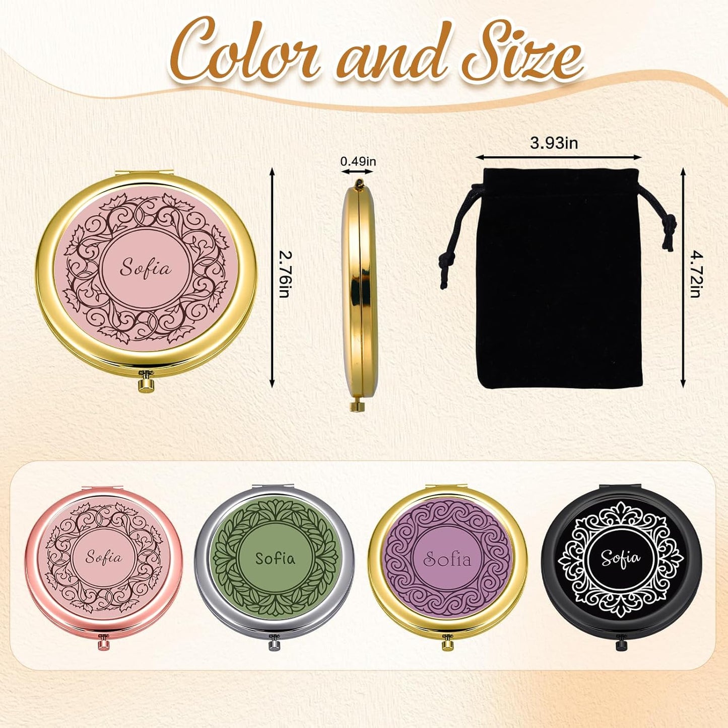 Custom Compact Mirror with Name - Personalized Flip Makeup Travel Pocket Mirror Gift for Women Bridesmaids Wedding Birthday (Beautiful Line)