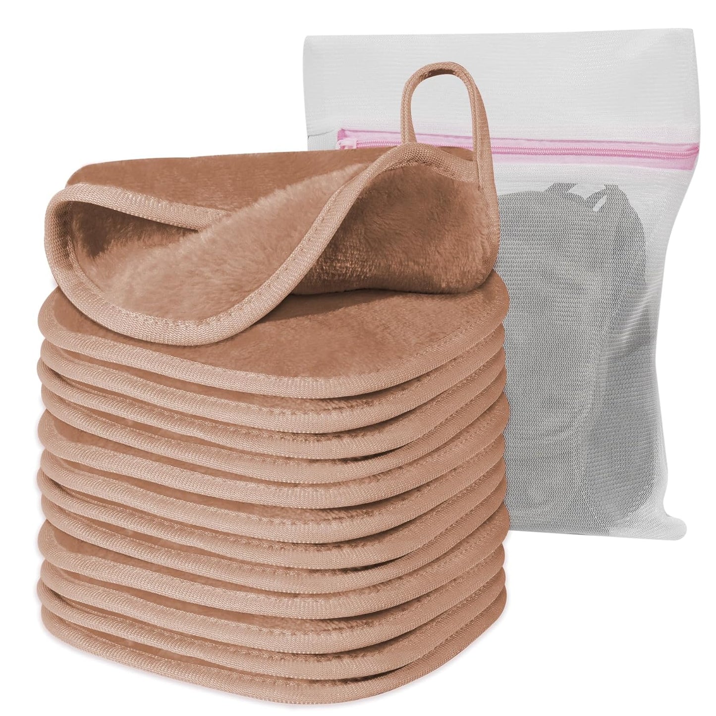 Makeup Remover Cloth, 6" x 6" Make Up Towels Reusable Face Cloth for Washing Face, Makeup Remover Pads Microfiber Face Washcloth with Mesh Bag, Just Water, 12 Pack, Light Brown