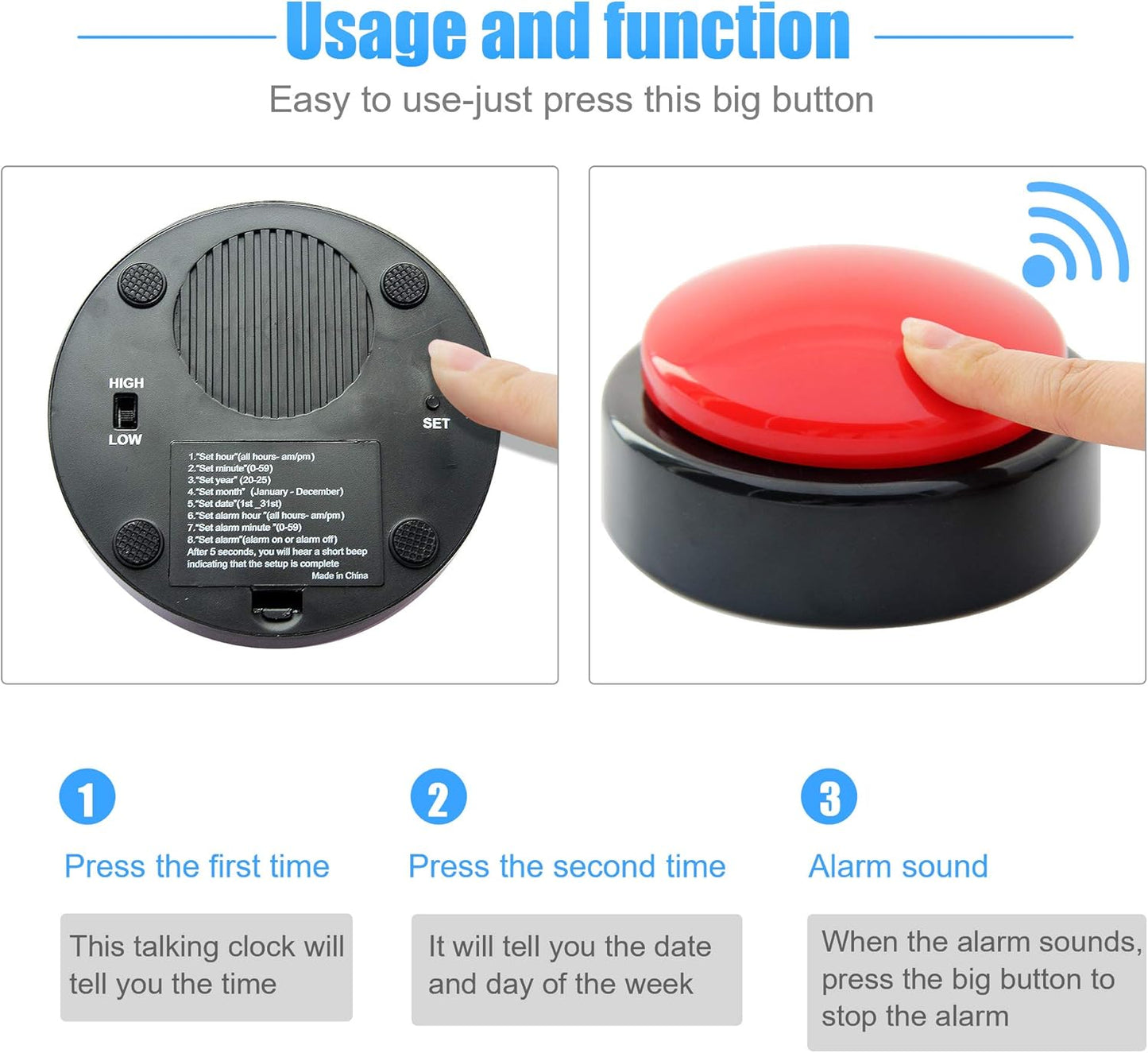 Large Talking Button Clock, Talking Alarm Clock with Volume Control Telling Time and Day of The Week Alarm Gift Clock for Mother Father Seniors Elderly Blind People - (Red and Black)