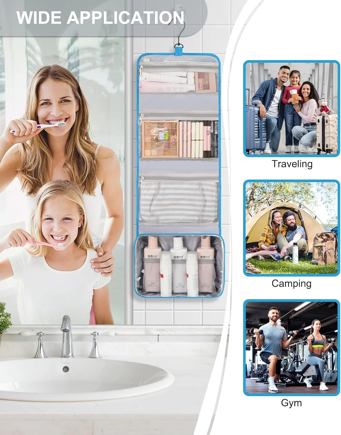 Relavel Travel Hanging Toiletry Bag for Women Men Large Capacity Makeup Bag Waterproof Cosmetic Storage Organizer Case for Bathroom Shower (Blue)