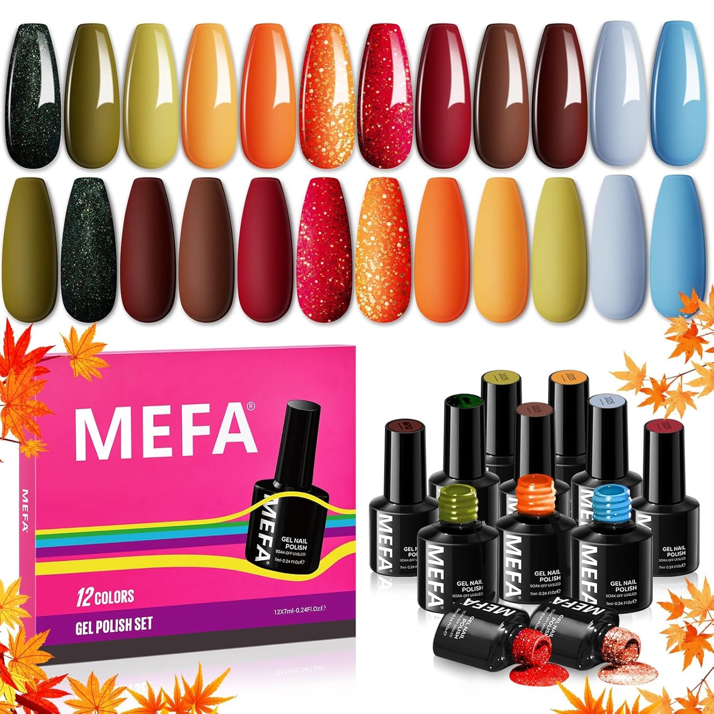 MEFA Fall Gel Nail Polish Set, 12 Colors Orange Burgundy Red Gel Polish Set Flash Dark Red Glitter Nail Polish Shimmer Nude Brown Blue Yellow Nail Gifts for Women Girl DIY Salon Home Spring Summer