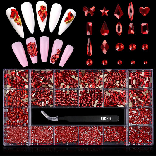 3100Pcs Red Rhinestones for Nails EBANKU Nail Art Rhinestones Kit Red Nail Crystal Rhinestones Mixed Shape with Rhinestone Picker Dotting Pen Tweezers for Christmas DIY Nail Art Craft