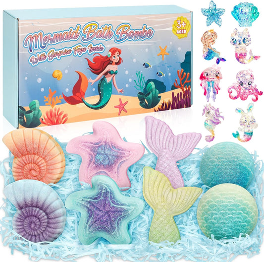 8 Packs Bath Bombs for Kids Girls, Mermaid Bath Bomb with Surprise Toys Inside, Princess Bubble Bath Toys for Kids Aged 4-8, Christmas Birthday Gifts for Girls 3 4 5 6 7 8