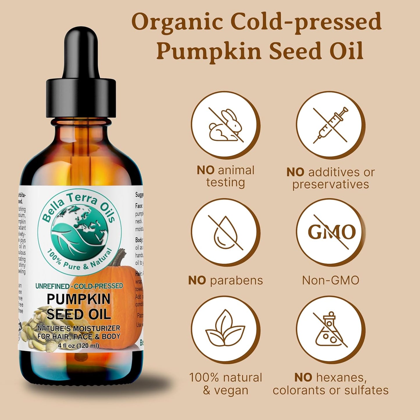 Bella Terra Oils Organic Pumpkin Seed Oil – 4 oz – 100% Pure & Cold-Pressed – Rich in Phytosterols & Magnesium – Hydrating & Nourishing for Skin & Hair – Antioxidant-Rich Beauty Oil