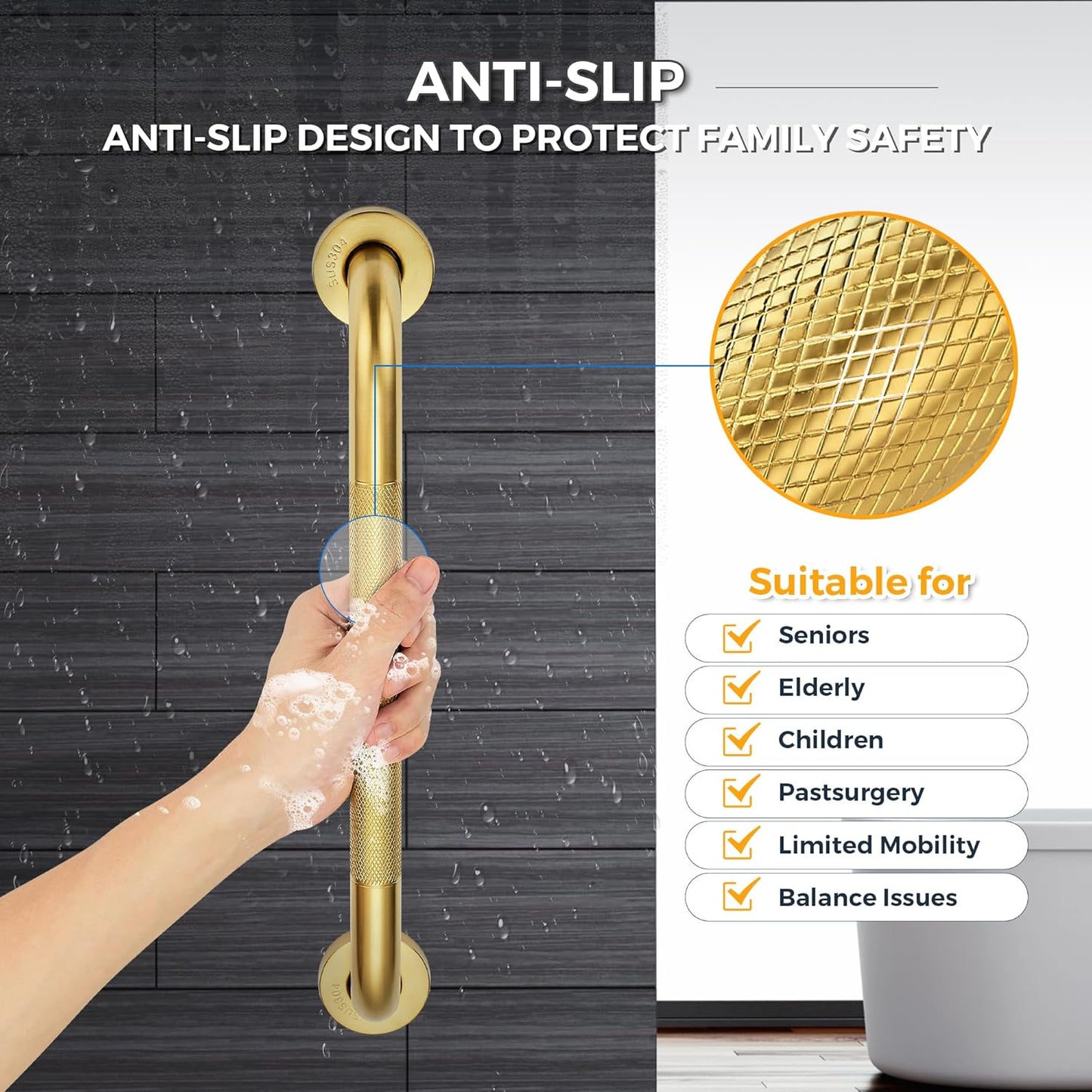 Grab Bars for Shower, 2 Pack 24-Inch Anti Slip Shower Handles for Elderly, Safety Shower Grab Bar, Stainless Steel Handicap Grab Bars for Bathroom,Toilet (Gold, 1" Diameter)