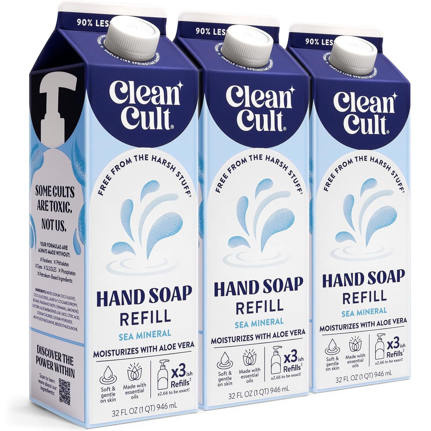 Cleancult - Liquid Hand Soap Refills - Sea Minerals - Gentle On Sensitive Skin - Made with Aloe Vera & Essential Oils - Eco Friendly - Paper-Based Packaging - 32 oz/3 Pack