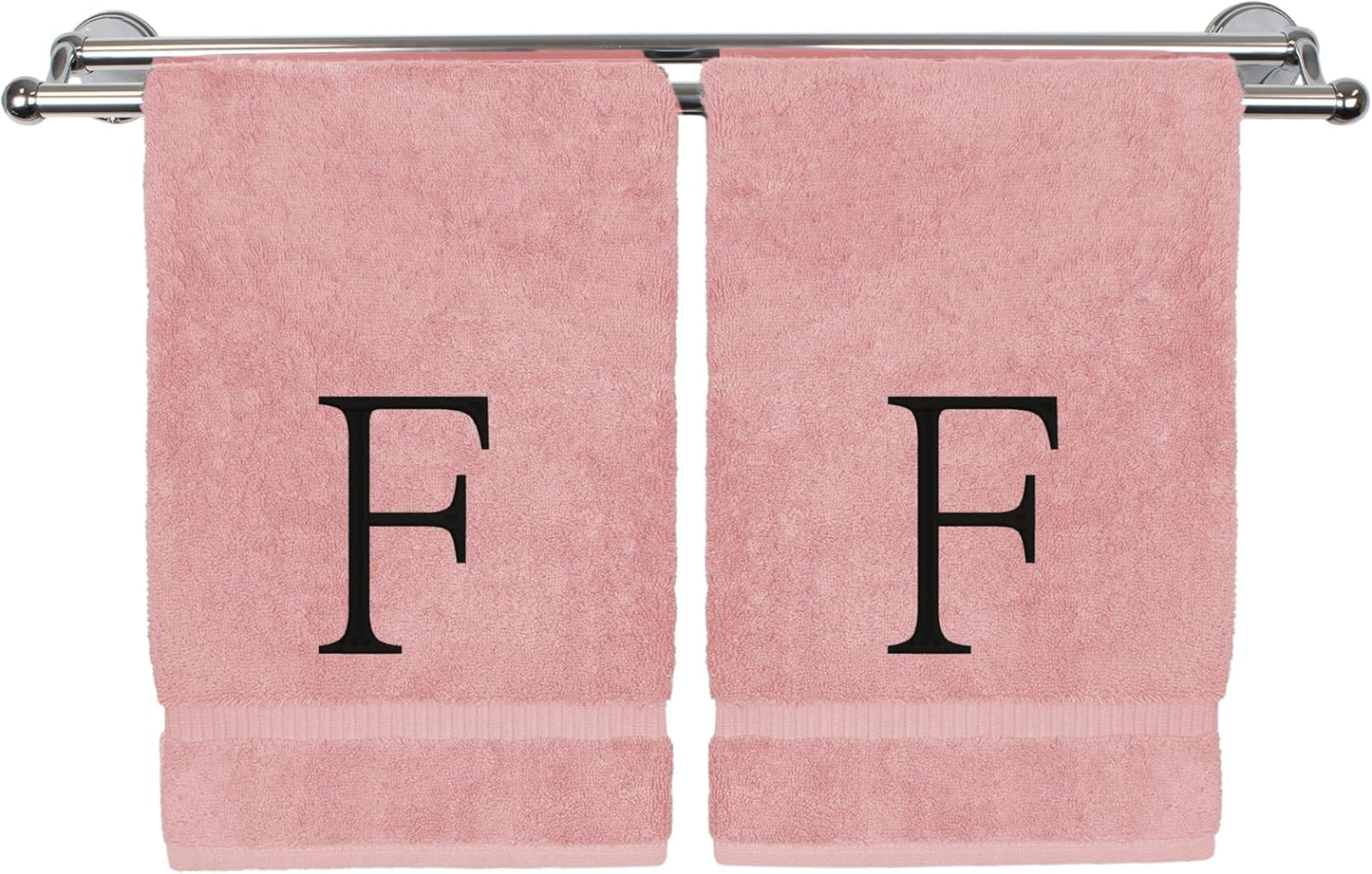 Monogrammed Hand Towel, Personalized Initial Gift, Extra Absorbent 100% Turkish Cotton - Soft Terry Finish - Set of 2 - Black Block Initial F - Embroidered on Pink Towels
