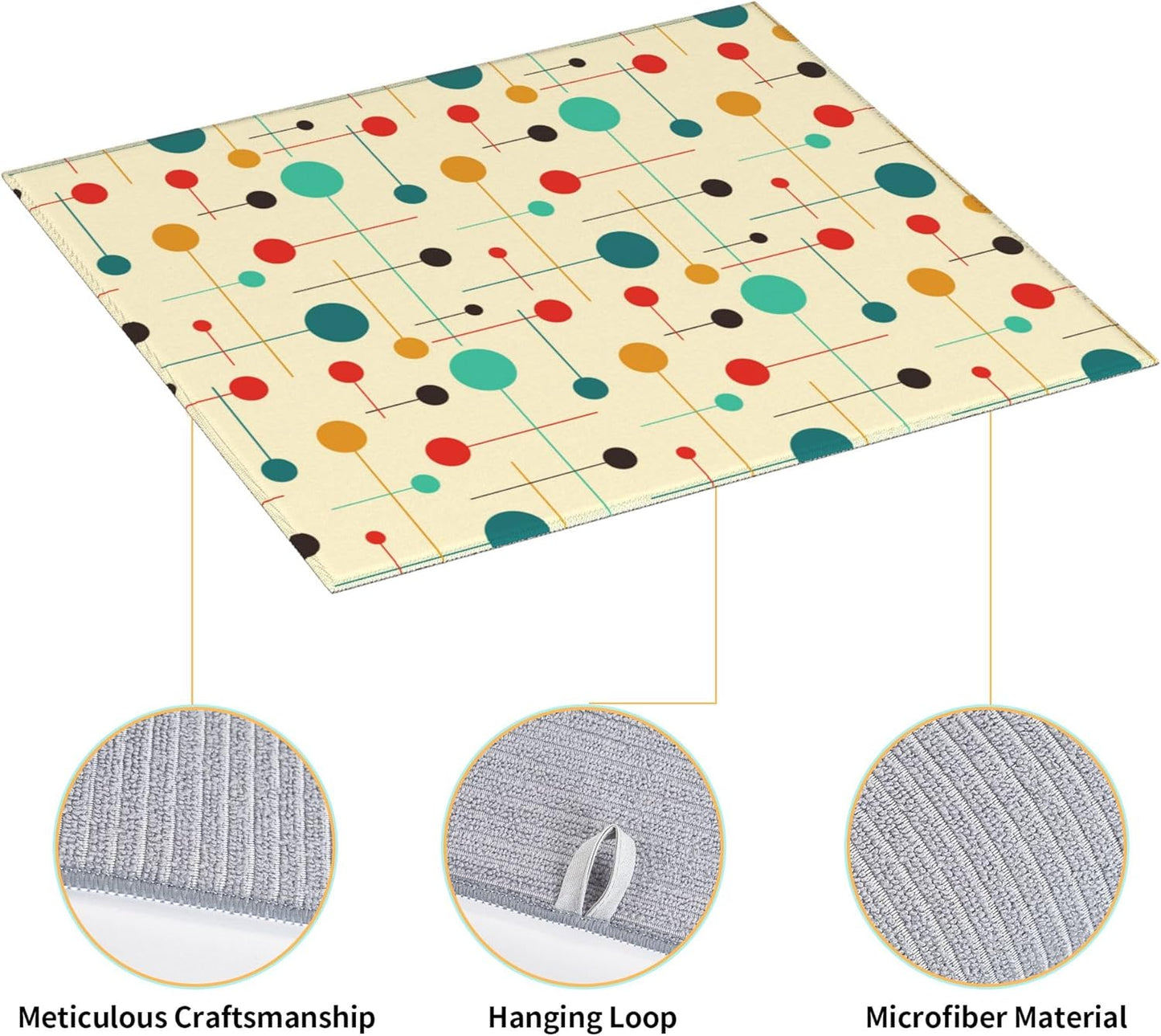 Mid Century Modern Atomic Retro Dish Drying Mat for Kitchen Counter Washable Drying Mat Absorbent Reversible Microfiber Yellow Drying Pad Kitchen Accessories 16"x18"