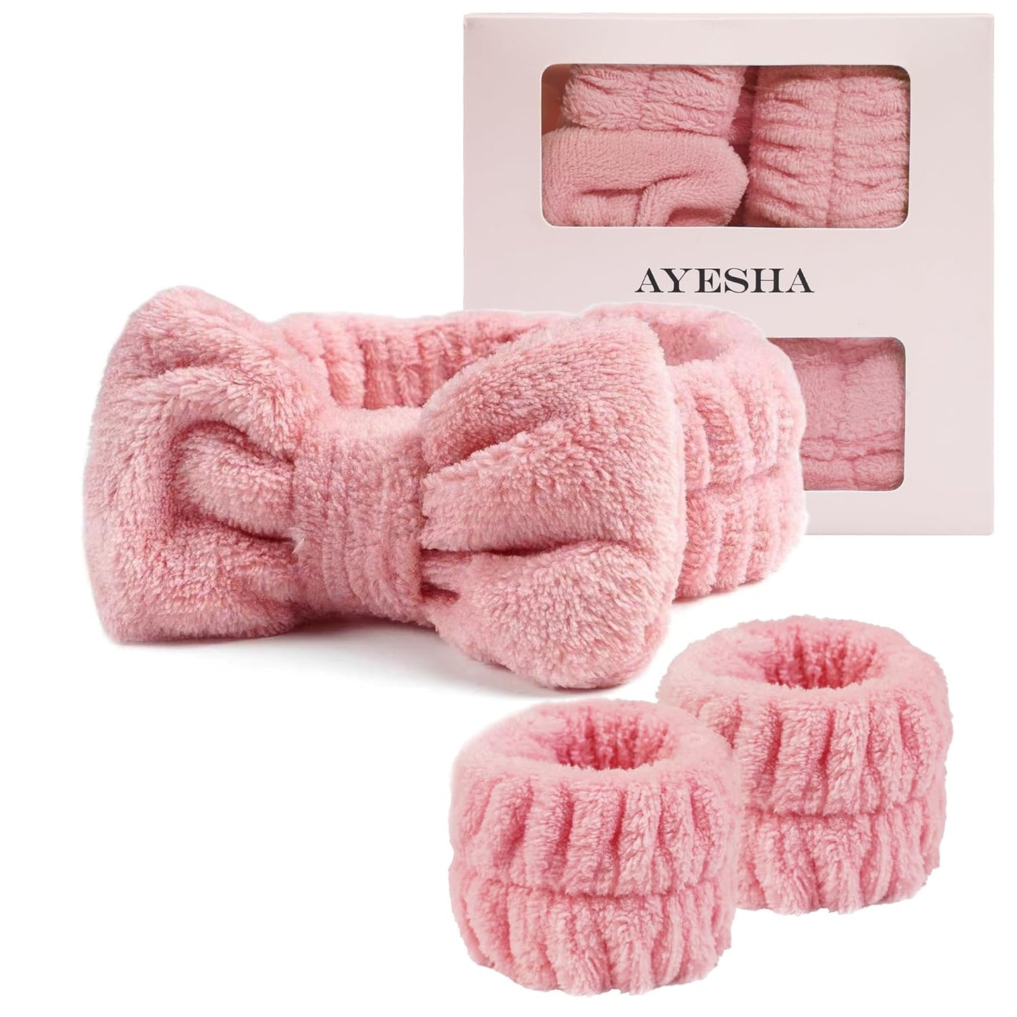 Ayesha Spa Headband and Wristband Set for Skincare Washing Face,Makeup Headband Wrist Cuffs for Preppy Skincare Women Girl (Pink set)