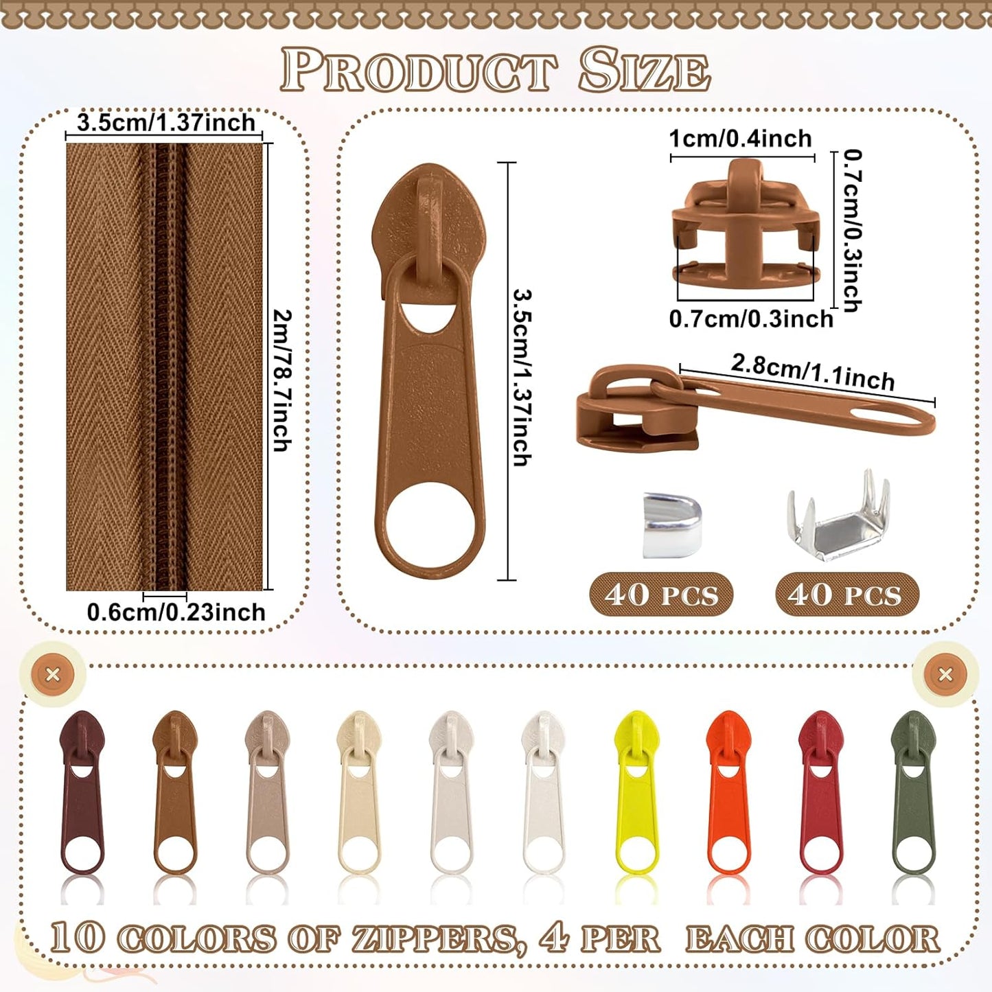 DOITEM 22.2 Yards/ 20 m 10 Pcs Assorted Colors #5 Nylon Coil Zippers, Sewing Zippers Endless Zips with 40 Pieces Zipper Sliders for DIY Sewing Tailor Craft Supplies