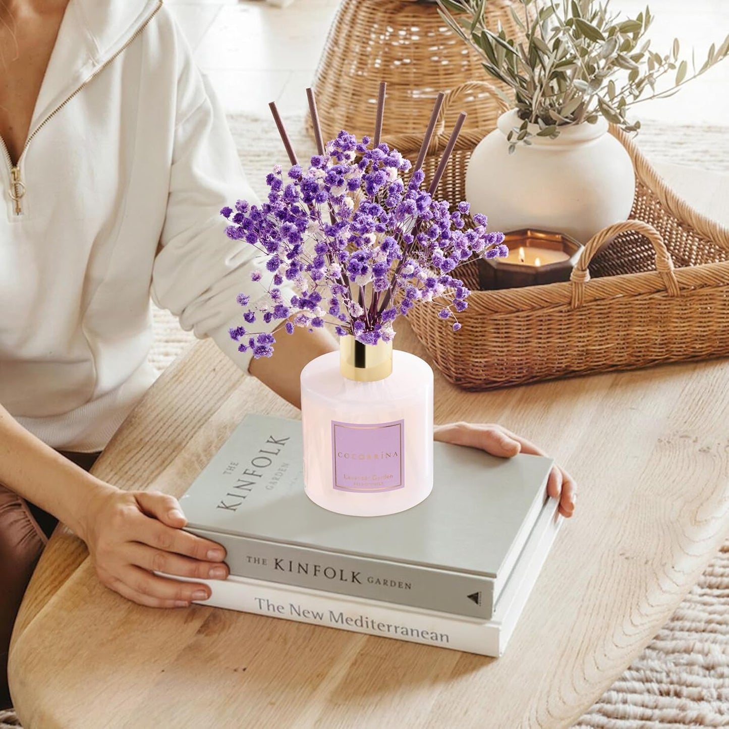 COCORRÍNA Reed Diffuser - Lavender Garden 6.7 Fl.oz Reed Diffuser Set with Sticks & Preserved Baby's Breath, Reed Diffuser for Home Bathroom Shelf Decor