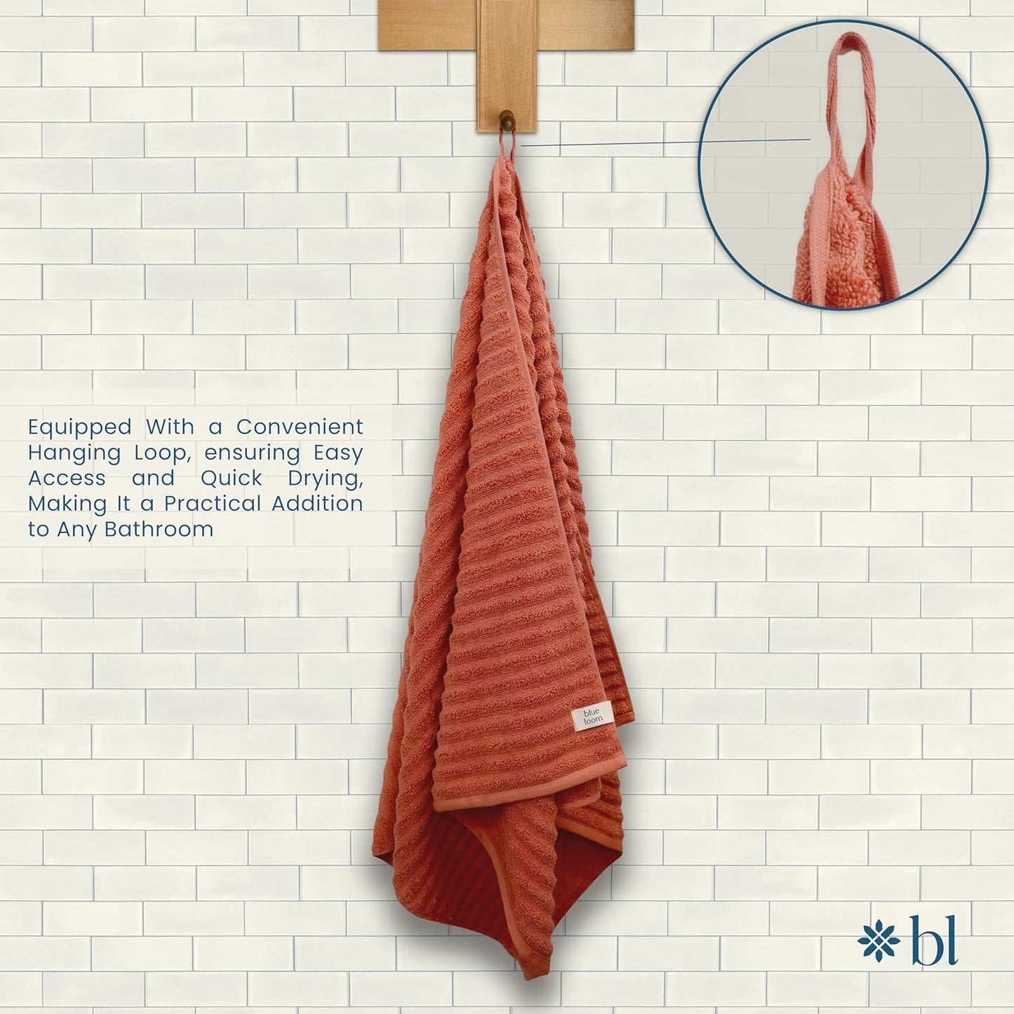 Blue Loom Ribbed Bath Towels Set, 100% Cotton 600 GSM, Soft Absorbent Durable Quick Drying 2 Bath Towels for Bathroom - Mason Set of 2 Terracotta Red (58" x 30" Inch)