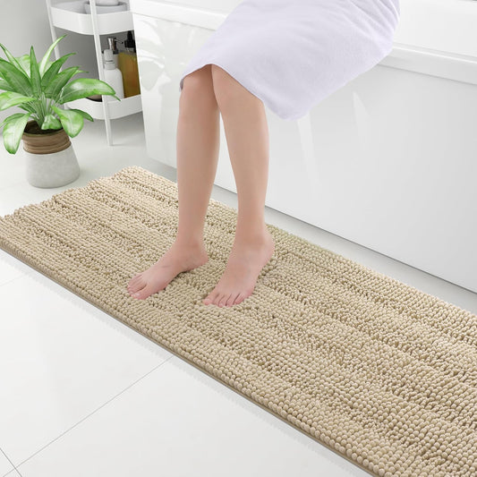 Grandaily Chenille Striped Bathroom Rugs 59x20, Extra Thick and Absorbent Bath Mats, Non-Slip Soft Plush Shaggy Shower Carpet, Machine Wash Dry, Bath Rug for Bathroom, Beige