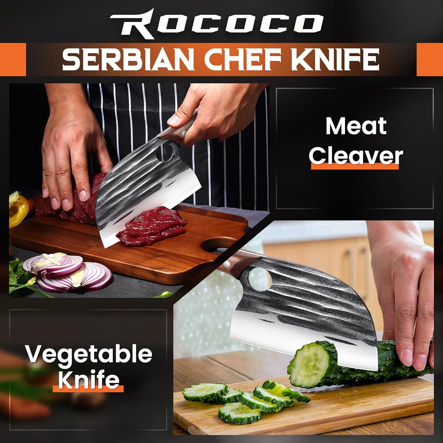 ROCOCO Serbian Chef Knife Butcher Cleaver Knife with Sheath for Kitchen Outdoor BBQ Camping Birthday Father Mother Christmas Gift Men 6.2"