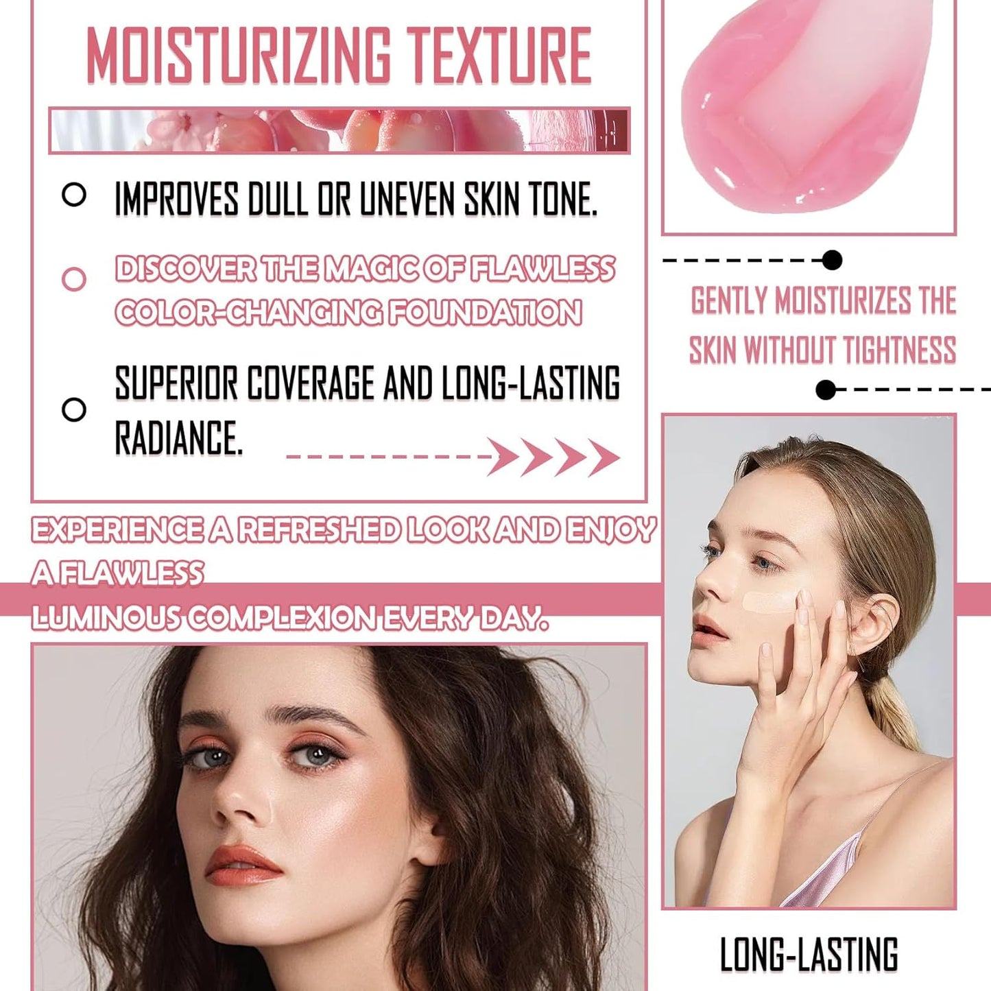 Color Changing Foundation Set,Flawless Liquid Foundation Full Coverage with Makeup Base Gel & Makeup Sponge Egg