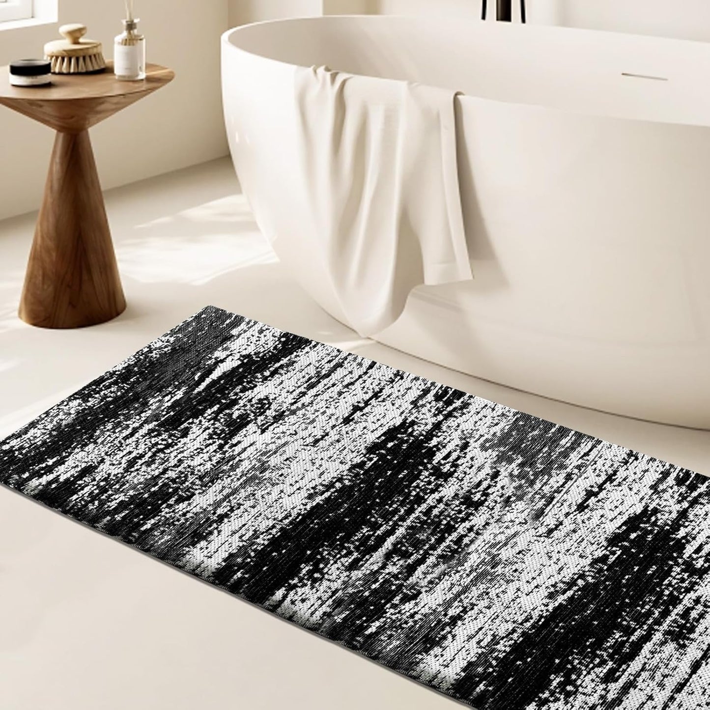 HDFK Graffiti Bath Mat | Non Slip Water Absorbent Quick Dry Woven Floor Mats | Thin Machine Washable Modern Shower Rug | Low Pile Profile Fit Under Door Vanity Room Bathroom Rugs | 24x17.7 Inch Black