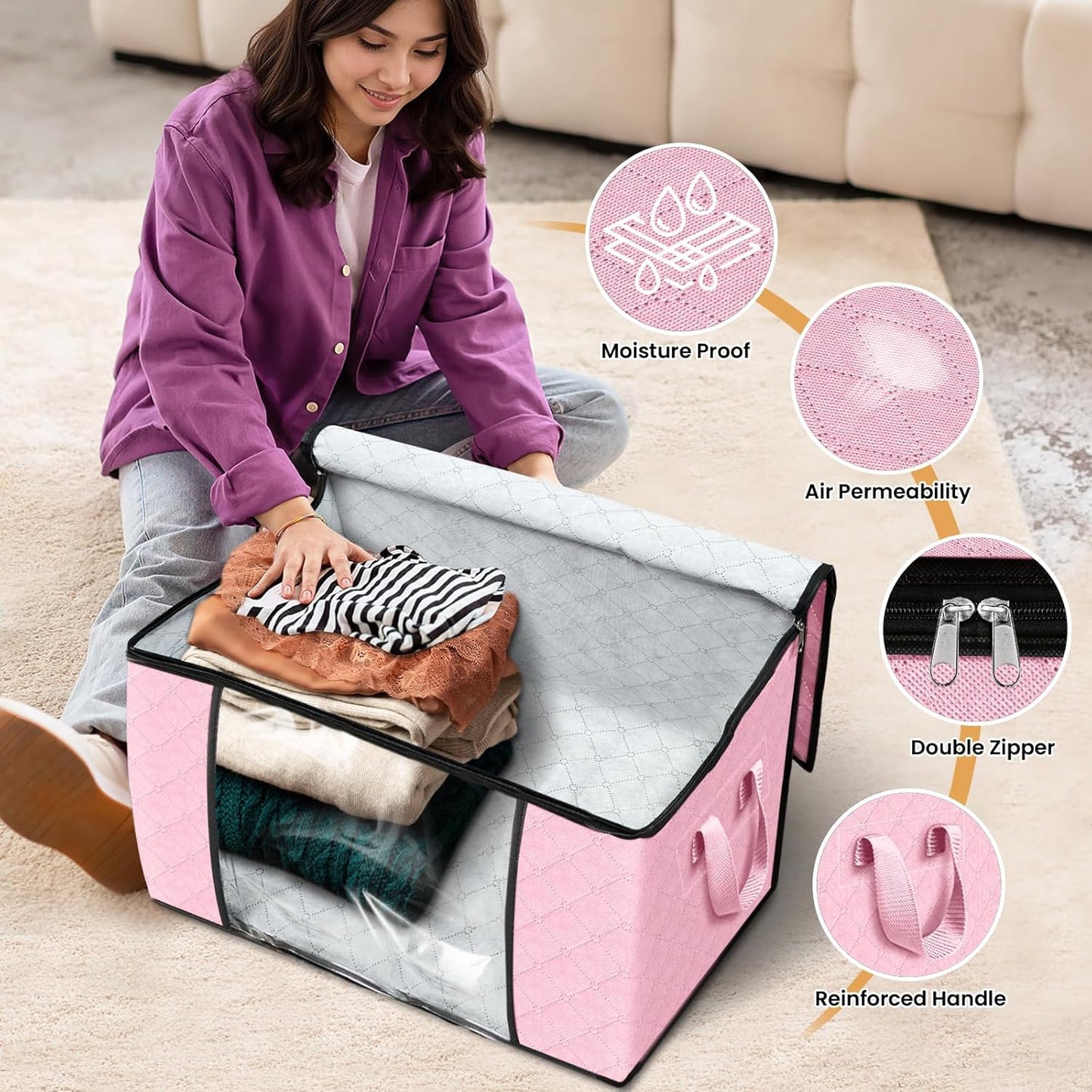 Fab totes 24 Gallons Clothes Storage, Foldable Thick Fabric Blanket Storage Bags, Containers for Organizing Bedroom, Closet, Clothing, Comforter, Organization with Handle (10 Pack,Pink)