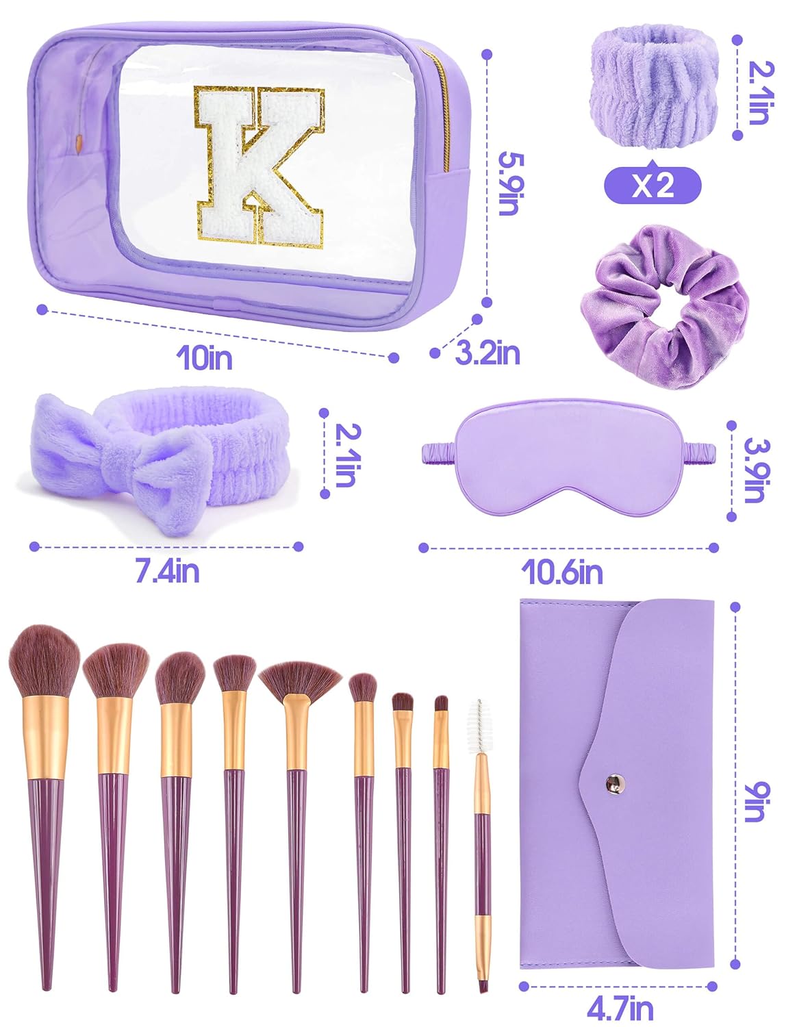 Gift Sets for Women, Initial Makeup Bag with Makeup Brush Set Bachelorette Party Favors, Purple Spa Kit with Skincare Headbands Wrist Bands Sleepover Party Supplies Gifts for Teen Girls Bridesmaid K
