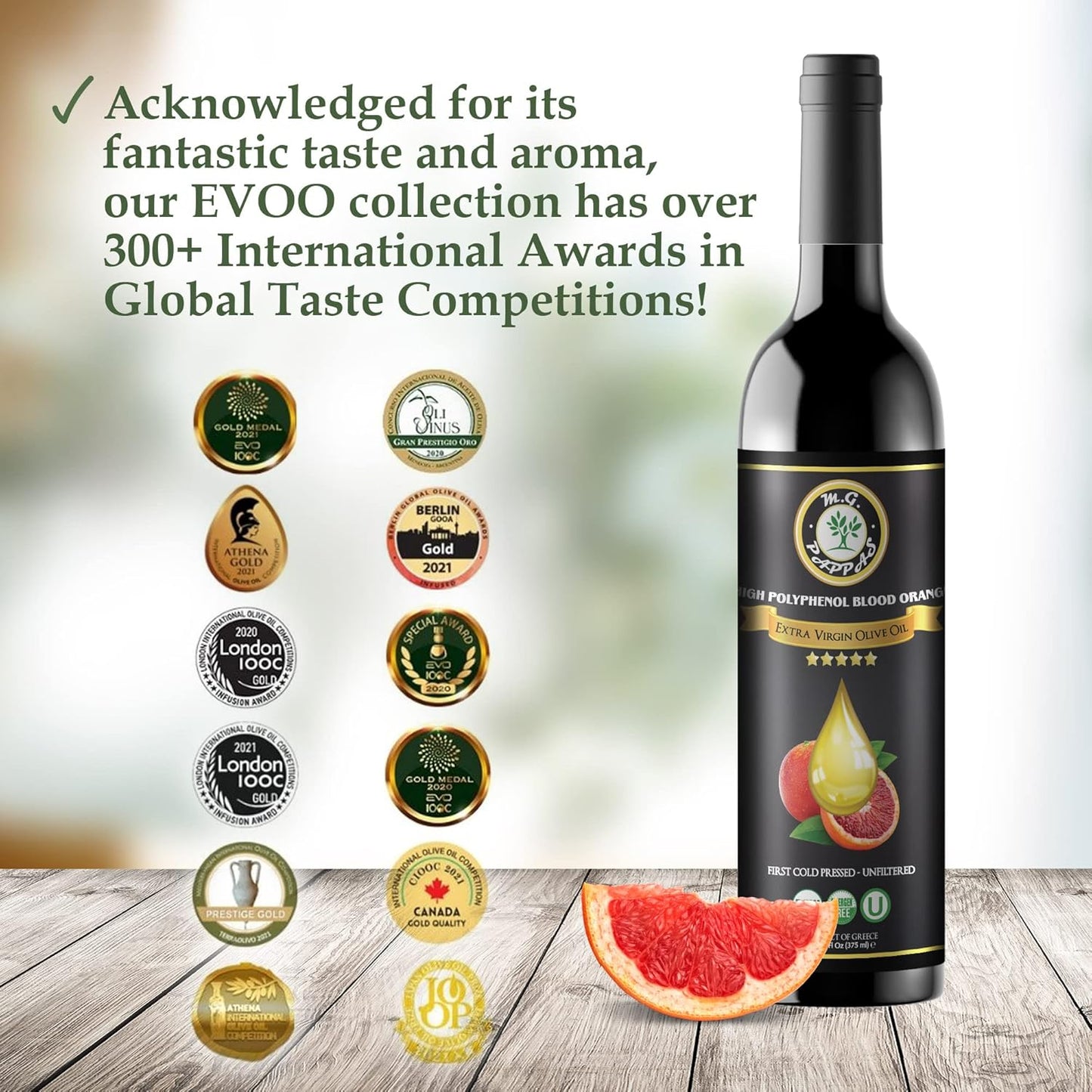 M.G. PAPPAS High Polyphenol Rich Blood Orange-Infused Olive Oil Extra Virgin - Polyphenol Lab Report 650mg/kg - Cold Pressed & Unfiltered - High Hydroxytyrosol Greek Olive Oil Award Winning - 12.7 Oz