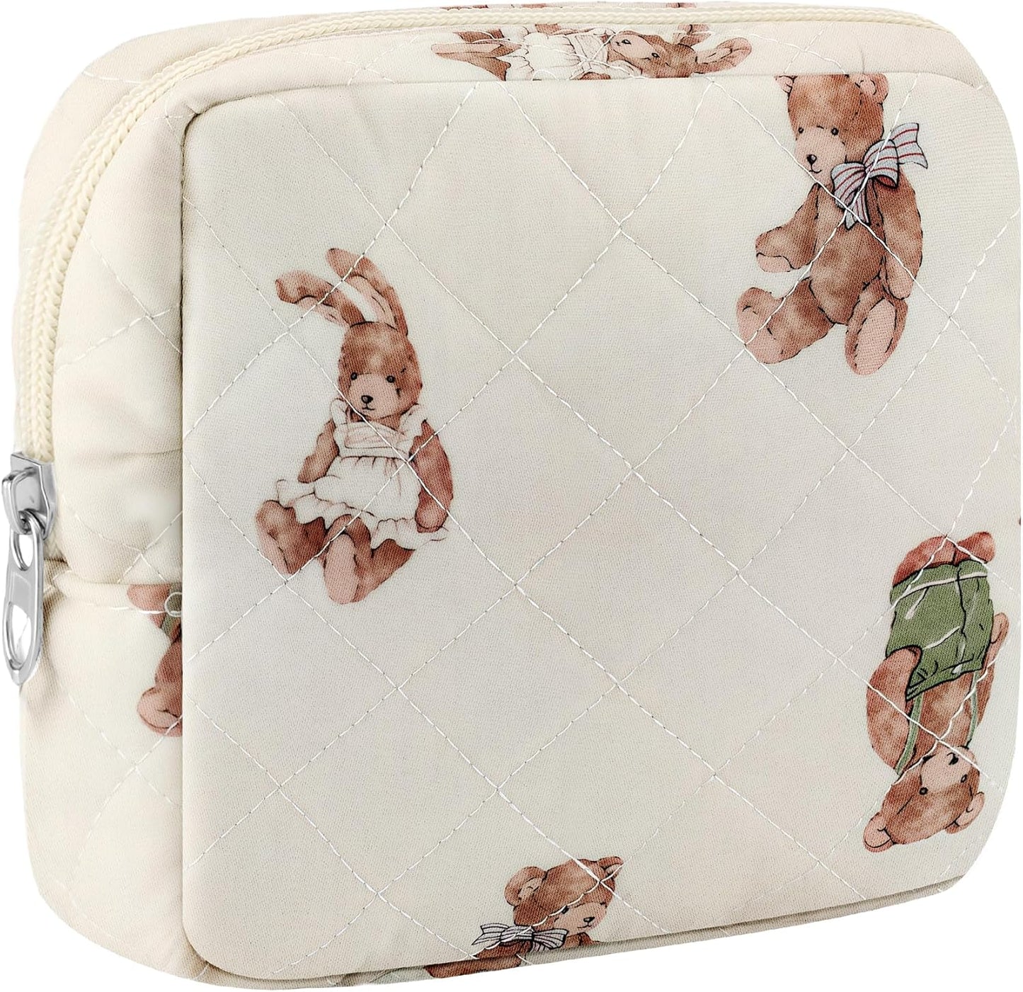 Small Quilted Cotton Makeup Bag for Purse Mini Cosmetic Period Bag for Women Cute Small Bear Makeup Sanitary Pouch Portable Travel Toiletry Bags with Zipper Slip in Pockets Birthday Gifts