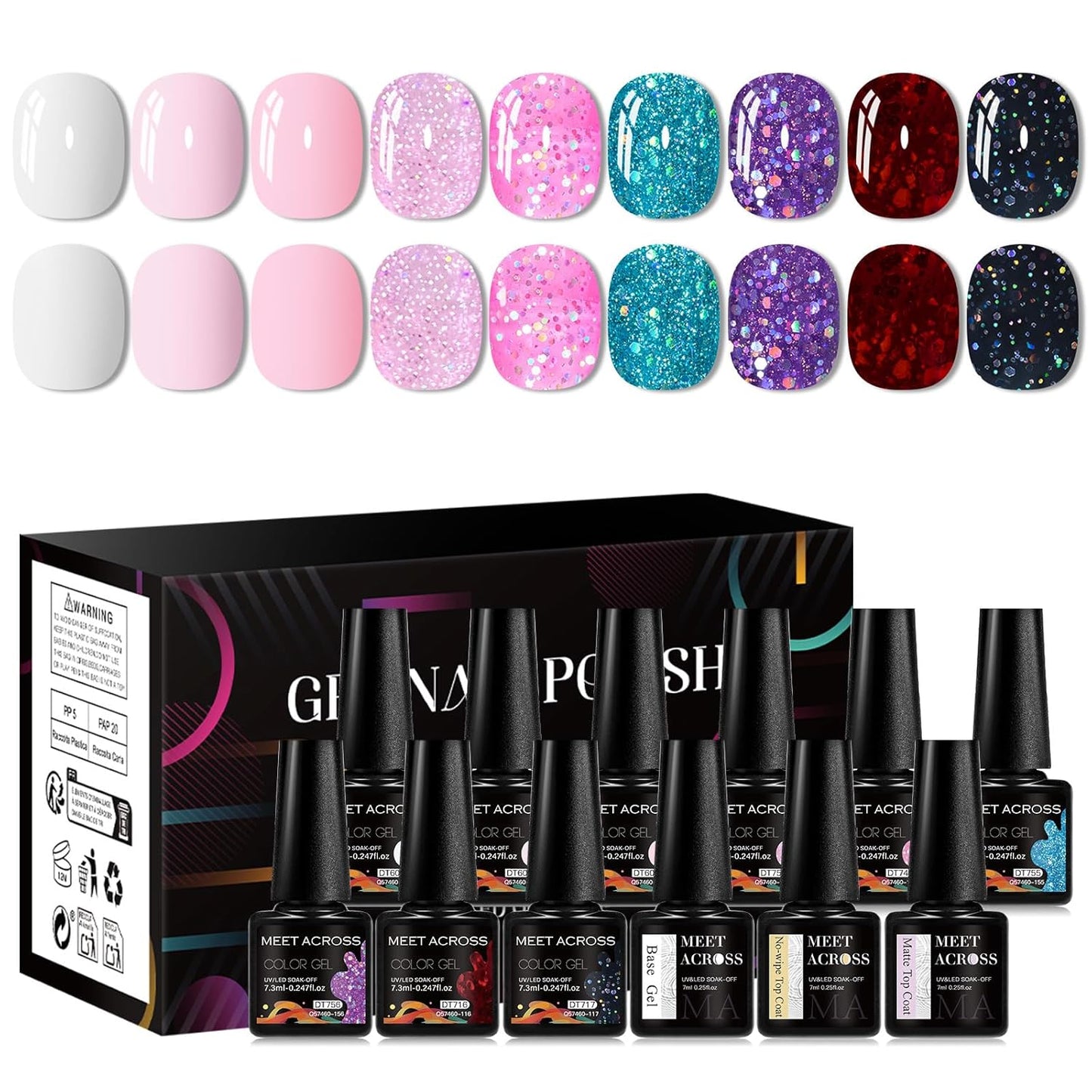 MEET ACROSS 9 Colors Gel Nail Polish + 3PCS Function Gel Nail Polish Kit,Fashion Nail Art Set Design Gifts for Women Manicure Salon (SET20, 12pcs)