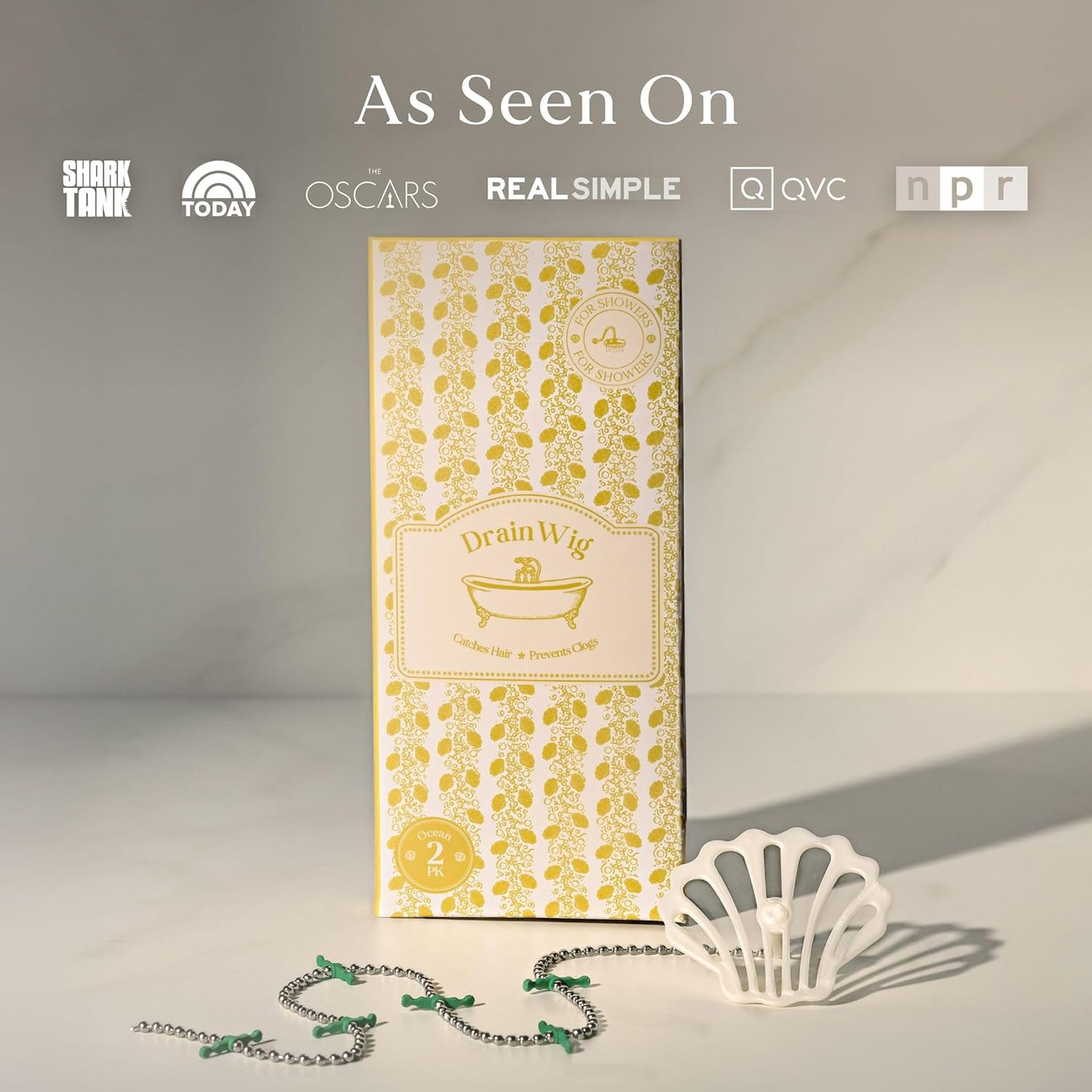 DrainWig Shower Drain Hair Catcher – Disposable White Ocean (2-Pack) – No-Touch Hair Removal for Flat Shower Drains – As Seen on Shark Tank