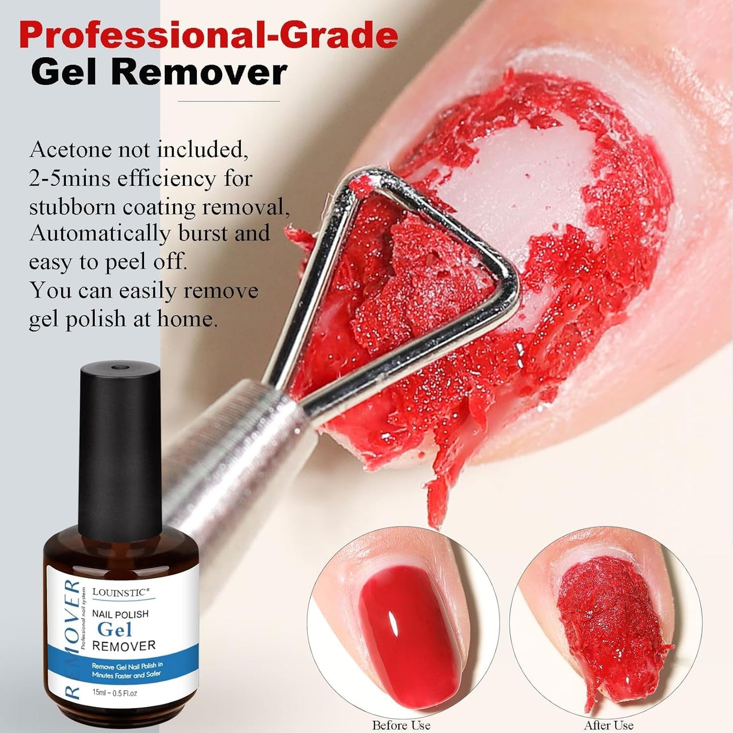 LOUINSTIC Gel Polish Remover-15ml Non-Irritating Formula, 2-5 Minutes Easily Remove Gel Nail Polish, No Damage to Nails, Easy to Use, Portable for At-Home Salon,for Nail Kits
