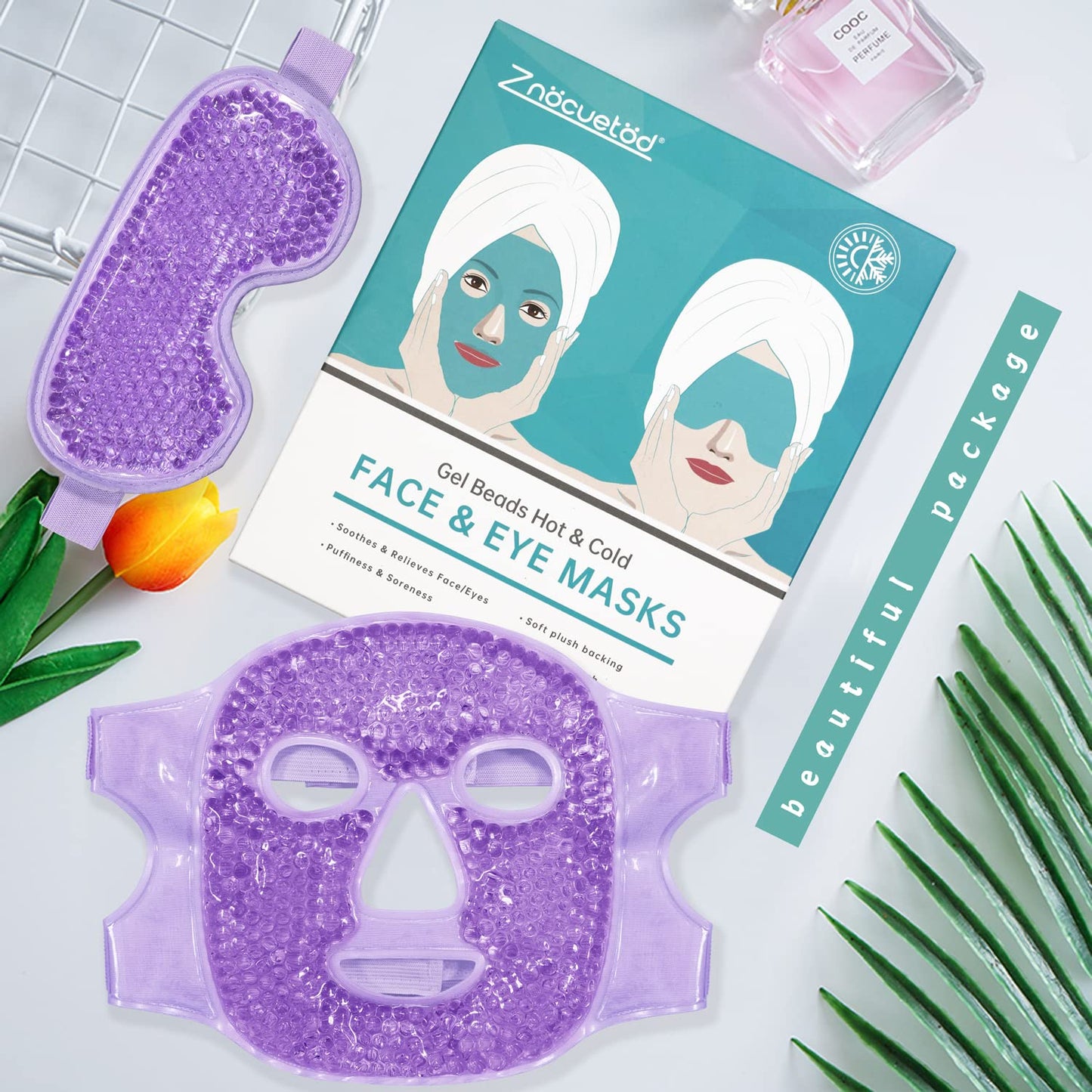 ZNÖCUETÖD Cooling Ice Face Eye Mask for Reducing Puffiness, Bags Under Eyes,Sinus,Redness,Pain Relief,Dark Circles, Migraine,Hot/Cold Pack with Soft Plush Backing (Purple(1* Eye Mask+1*Face Mask))