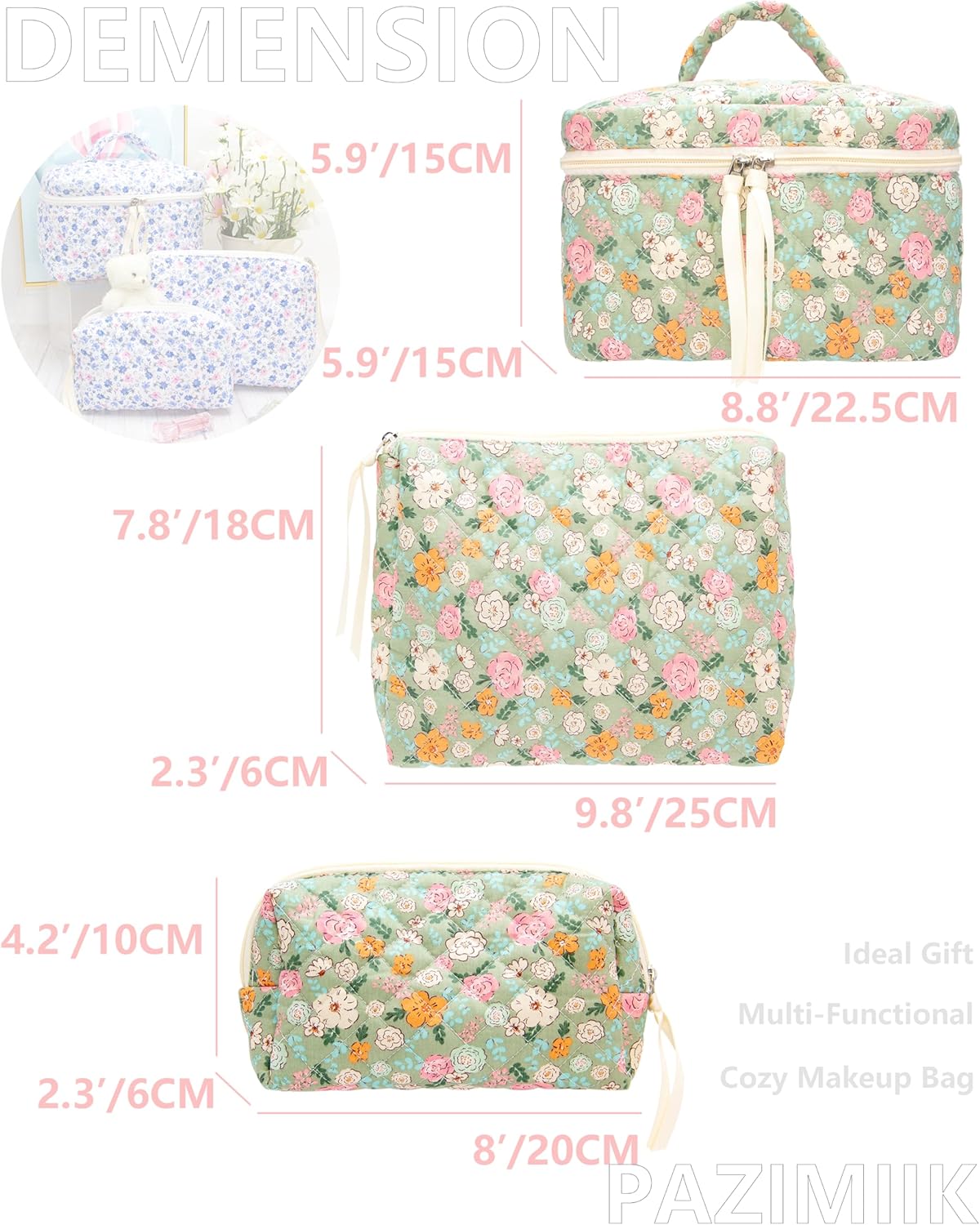 PAZIMIIK 3PCS Makeup Bag SET Large Travel Quilted Zipper Soft Cosmetic Case Pouch for Women Girls Make Up,Green Flower
