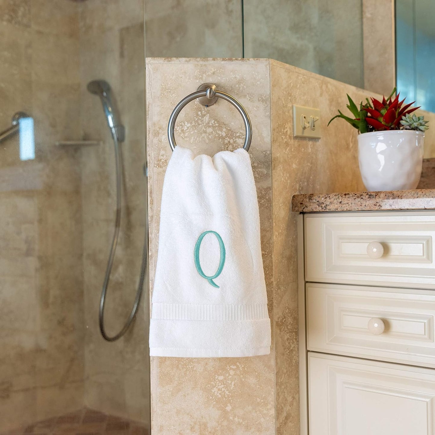 White Powder Room Hand Towel - Monogram Initial Hotel Quality Decorative Embroidered Luxury Towel for Spa - GOTS Organic Certified - Set of 2 Teal Letter Q