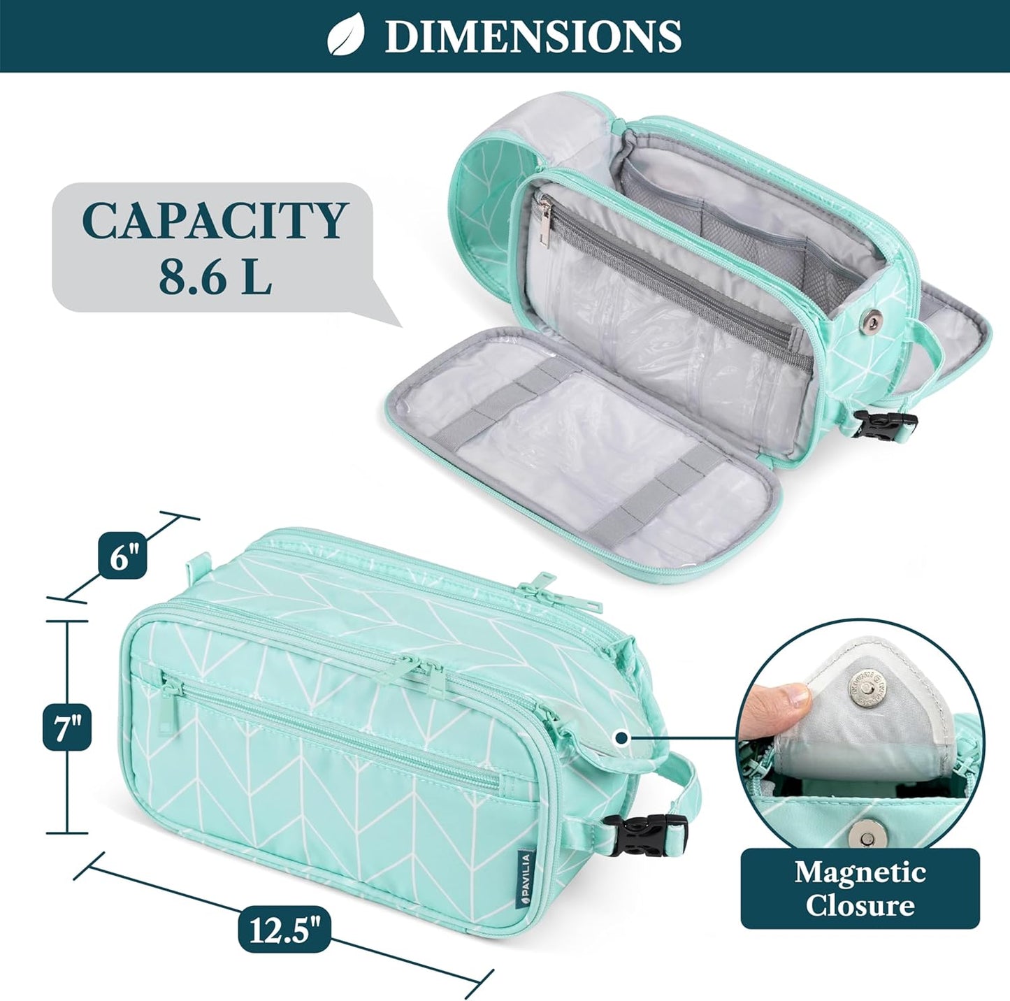 PAVILIA Large Toiletry Bag for Men Women, Mens Travel Bag Toiletries Organizer Case for Grooming, Travel Essentials Shaving Dopp Kit, PU Leather Water Resistant Cosmetic Pouch, Teal Chevron