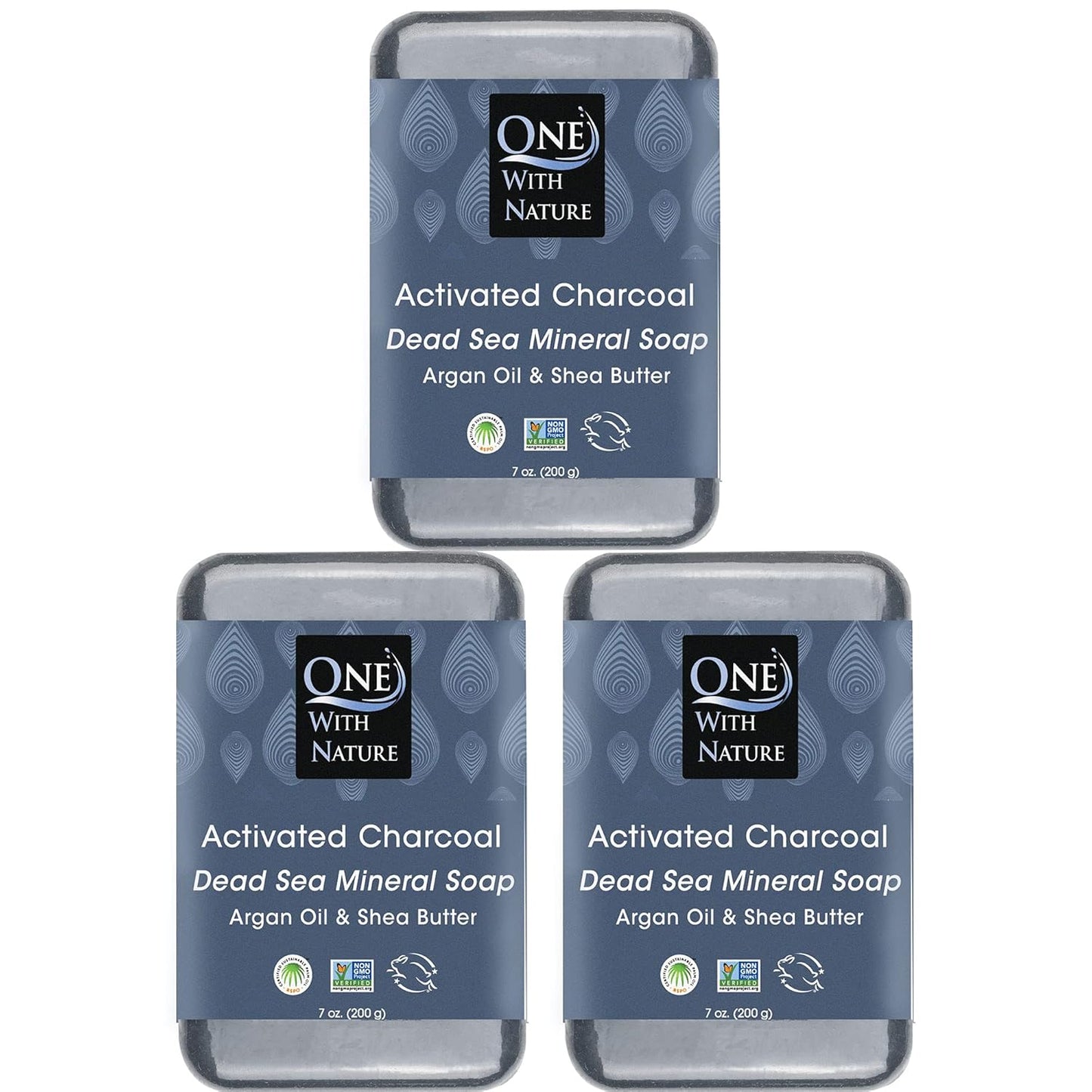 One With Nature Activated Charcoal Soap 7oz 3-Pack – Detoxifying and Exfoliating Charcoal Soap Bar with Dead Sea Salt for Face & Body, for Men & Women