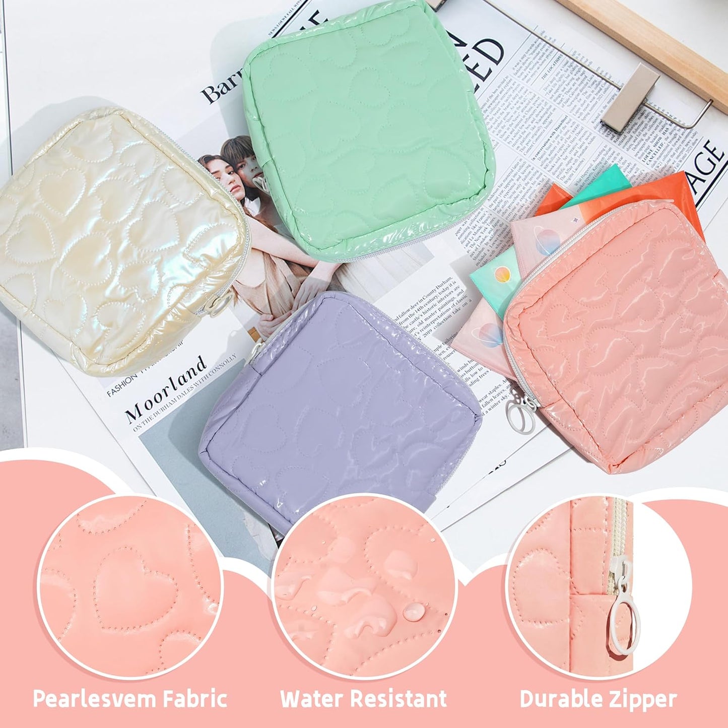 Sanitary Napkin Storage Bags 4 PCS Soft PU Leather Pad Bags for Period Feminine Product Pouch for Panty Liners, Tampons, Menstrual Cup, Sanitary Napkin
