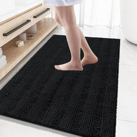 Grandaily Chenille Striped Bathroom Rugs 59x35, Extra Thick and Absorbent Bath Mats, Non-Slip Soft Plush Shaggy Shower Carpet, Machine Wash Dry, Bath Rug for Bathroom, Black