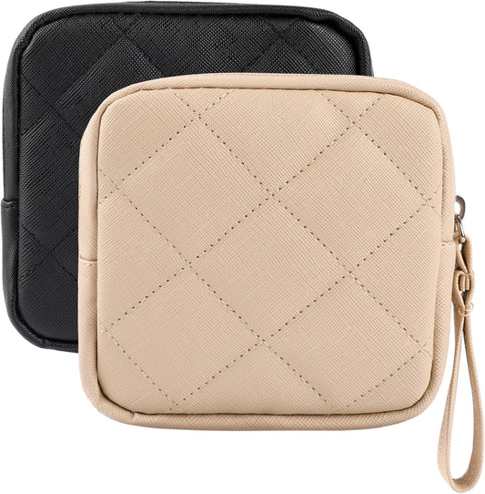 2 Pcs Sanitary Napkin Storage Bag,Period Bag, Period Pouch,Feminine Menstrual Pad Tampon Organizer,Portable Sanitary Pads Pouches First Period Kit for Teen Girls Women Ladies(Black&Beige)