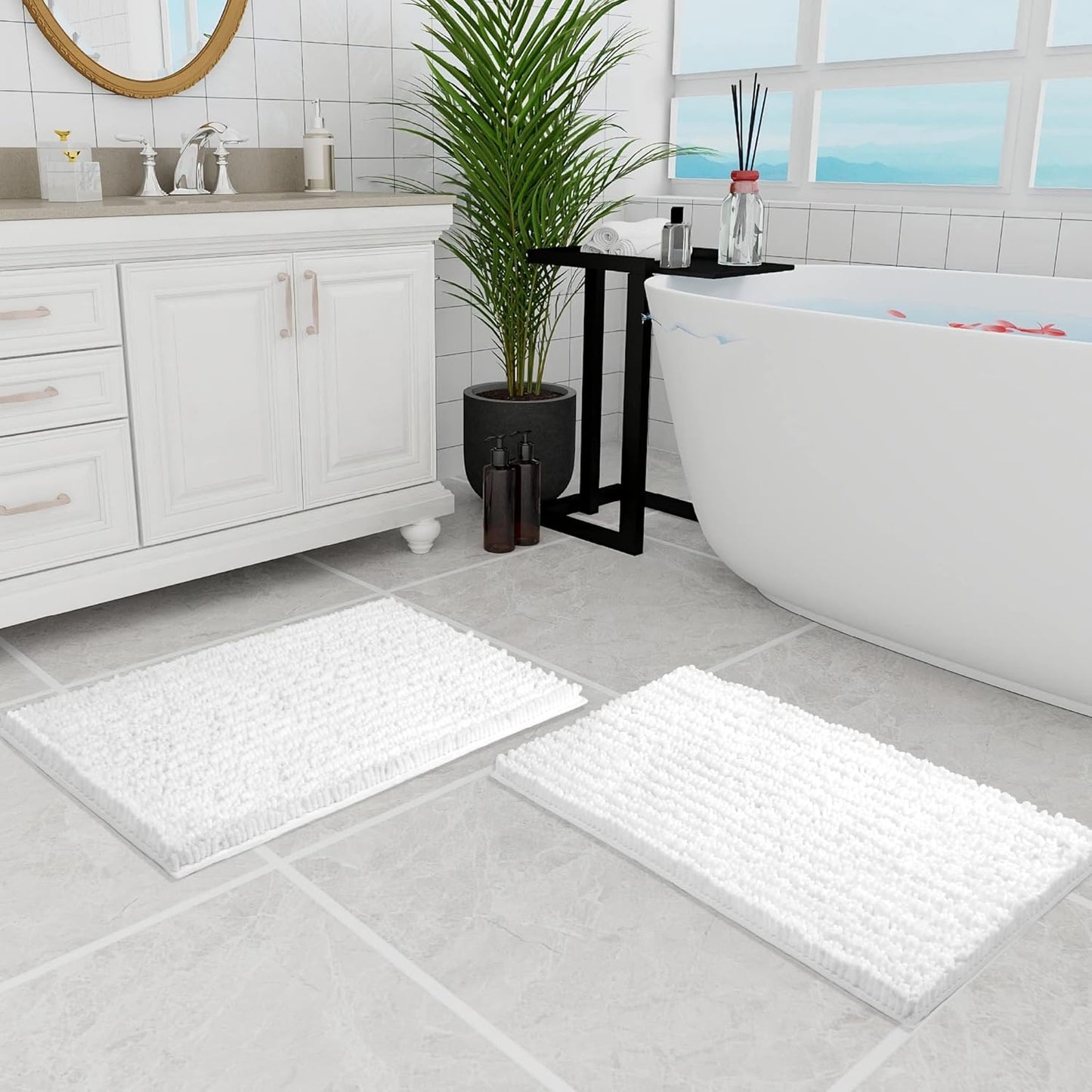 Walensee Bathroom Rug 2 Pieces Set Non Slip Bath Mat (20"x32" Plus 20"x32" White) Water Absorbent Super Soft Shaggy Chenille Machine Washable Dry Extra Thick Perfect Carpet for Shower Floor
