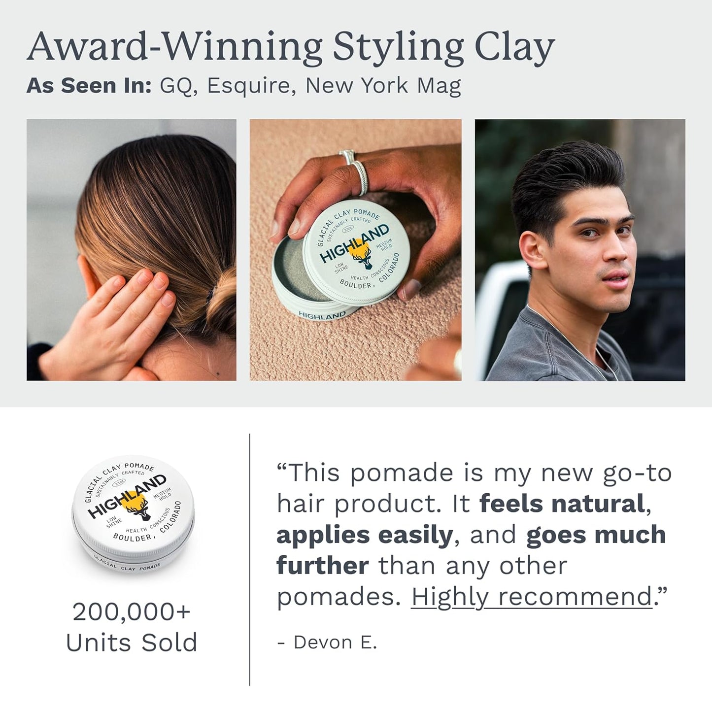 Highland Glacial Hair Clay Pomade - Award winning hair styling clay for men and women made with 100% all natural and organic ingredients that promote hair and scalp health. Low shine, Medium Hold.