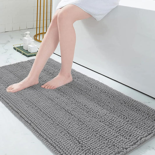 Grandaily Chenille Striped Bathroom Rugs 59x24, Extra Thick and Absorbent Bath Mats, Non-Slip Soft Plush Shaggy Shower Carpet, Machine Wash Dry, Bath Rug for Bathroom, Dark Gray