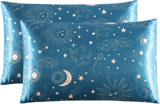 EXQ Home Satin Pillowcase for Hair and Skin, Soft Cooling Printed Pillow Cases King Size Set of 2 Satin Pillow Case with Envelope Closure（Sun,20x40 inches